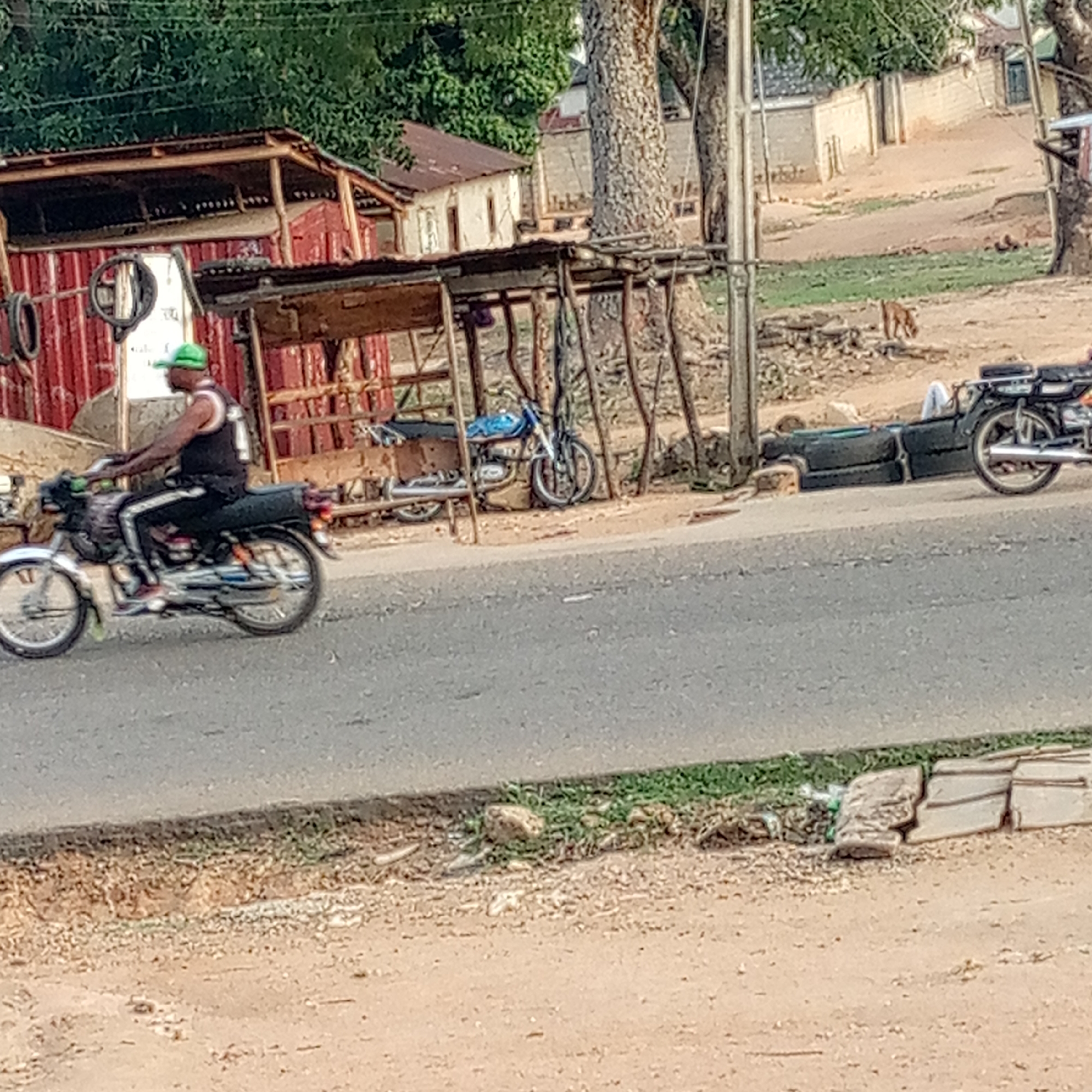 The image captures a bustling roadside scene, likely in a rural or semi-urban area during daylight hours. The weather appears clear and sunny.
In the foreground, a man wearing a black sleeveless top, black pants with white stripes, and a green cap, rides a silver motorcycle on a paved road. He is positioned on the left side of the frame, moving towards the right. His motorcycle has a silver front wheel and a darker rear wheel.
Along the unpaved dirt shoulder on the right, several elements line the road. A makeshift wooden stall or shelter, constructed with wooden posts and a corrugated metal roof, stands prominent. To its left, a red corrugated metal structure, possibly a container or another stall, is visible. On this red structure, a small white sign displays some unidentifiable text, which appears to include characters from an Indic script (possibly Devanagari) and some blurry Latin characters below it, potentially reading "gole f" or similar.
Under the wooden shelter, another motorcycle, blue and black, is parked. Further down the road, closer to the right edge of the frame, a person (whose upper body is obscured) lies reclined on a unique couch-like structure made from dark-colored tires. Another black motorcycle is parked near this structure. In the distant background, to the right of the wooden stall, a brown dog walks on a dirt path with some green patches of grass.
The background features various trees with lush green foliage and several simple buildings, suggesting a residential area beyond the immediate roadside activity. The overall setting implies a warm climate and a modest community environment.