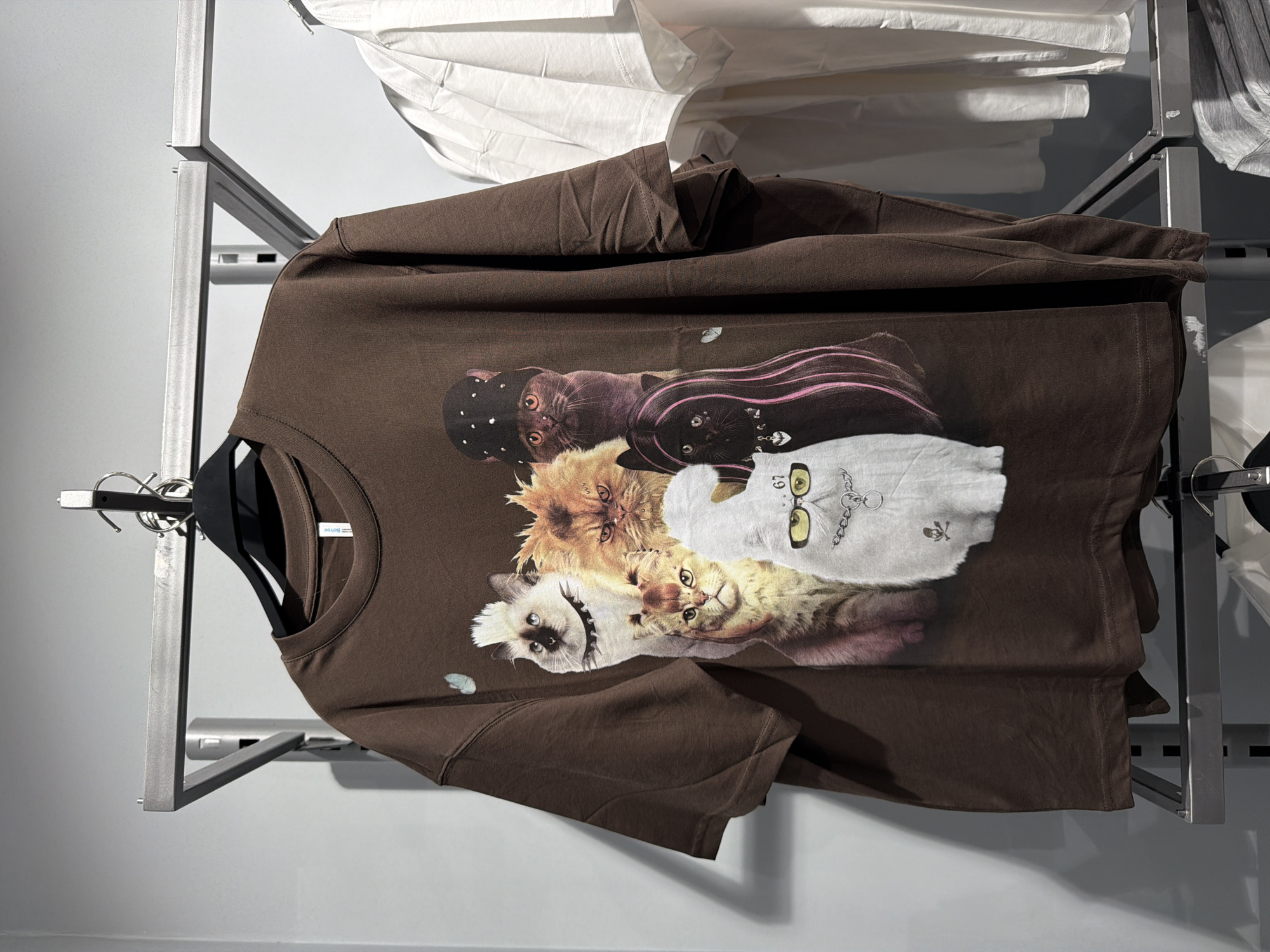 A brown t-shirt featuring a graphic of seven cats is displayed on a clothing rack. The cats are depicted with various accessories, including a spiked collar, a bandana, and chains. One cat wears glasses and a chain, and another has pink hair extensions. Two small blue butterflies are also part of the graphic. The t-shirt is hanging on a black hanger from a metal rack. In the background, a white t-shirt is visible on a similar rack. The scene is indoors, likely a retail environment. The image does not contain enough information to determine the specific location in Moscow, Russia.