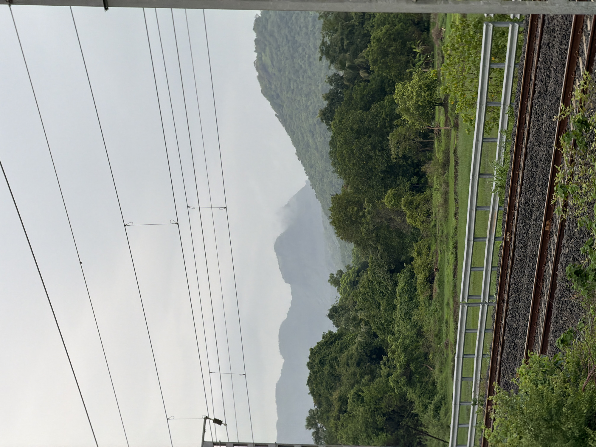 The image captures a scenic view of mountains shrouded in mist, with lush green vegetation in the foreground. Train tracks run horizontally across the lower portion of the frame, bordered by a metal guardrail and a grassy field. Overhead, a network of electrical wires stretches across the sky, suggesting the presence of a railway line. The overall atmosphere is serene, indicative of a cloudy or rainy day, possibly in the vicinity of Vasai-Virar, India, given the terrain and infrastructure. There are no people or animals visible in the image. The focus is on the natural landscape and the man-made railway system.