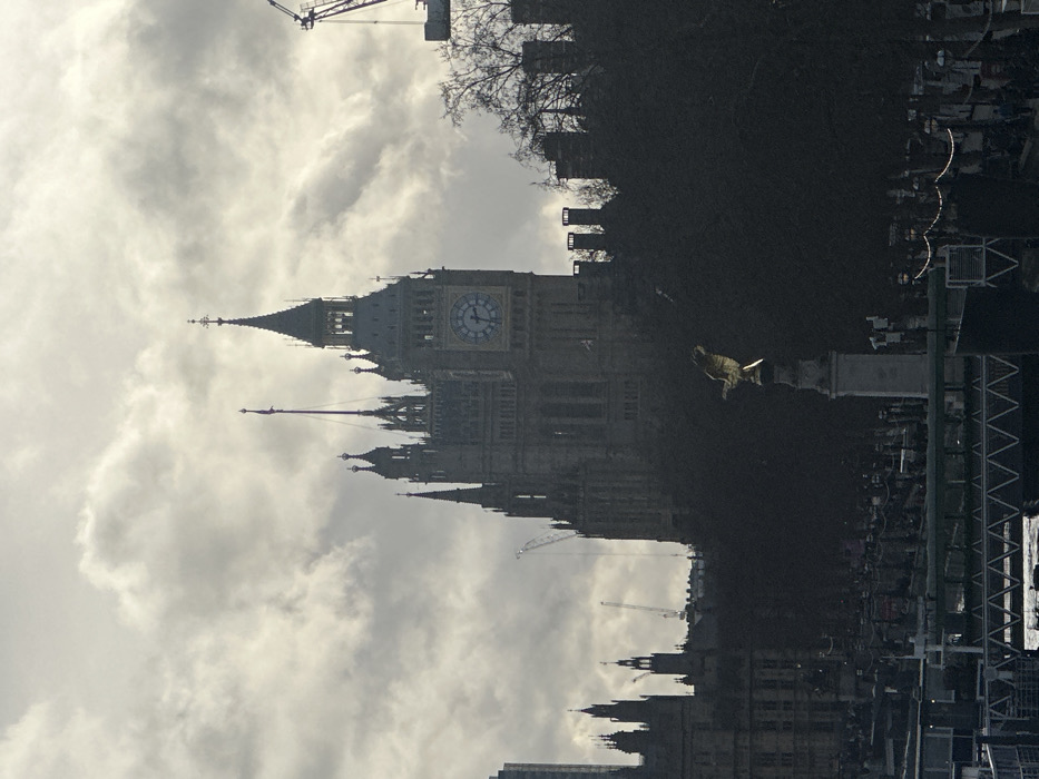 The photo shows the Houses of Parliament and Big Ben in London. The tower with the clock is the most prominent feature, rising above the other buildings. Construction cranes are visible in the background, and a bronze statue stands near the trees and other buildings. The sky is overcast with clouds, giving the scene a muted tone.