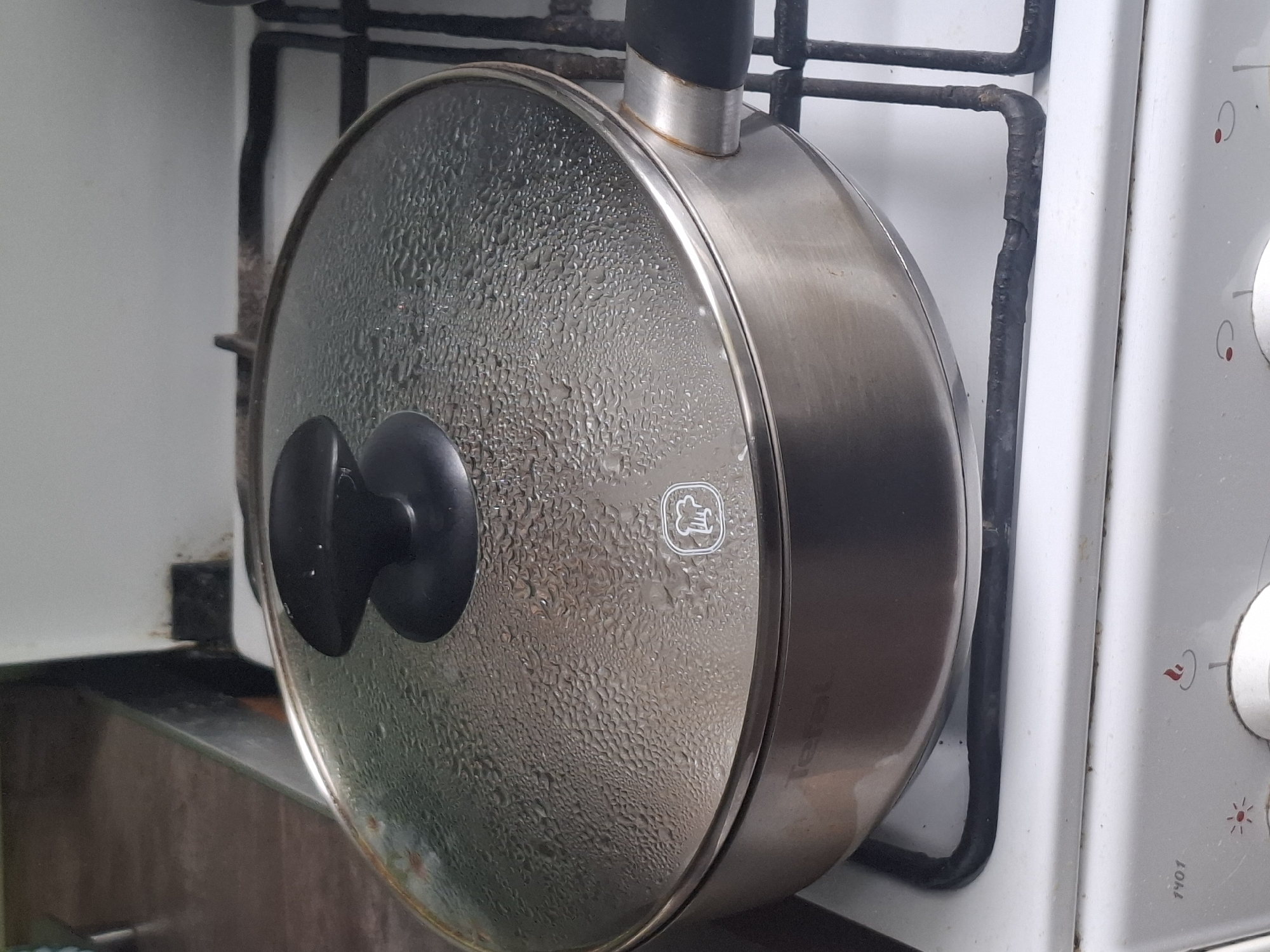 A silver T-fal pot with a glass lid sits on a white gas stove in Almaty, Kazakhstan. The glass lid is covered in condensation. The stove is in a kitchen setting. The scene appears to be domestic.