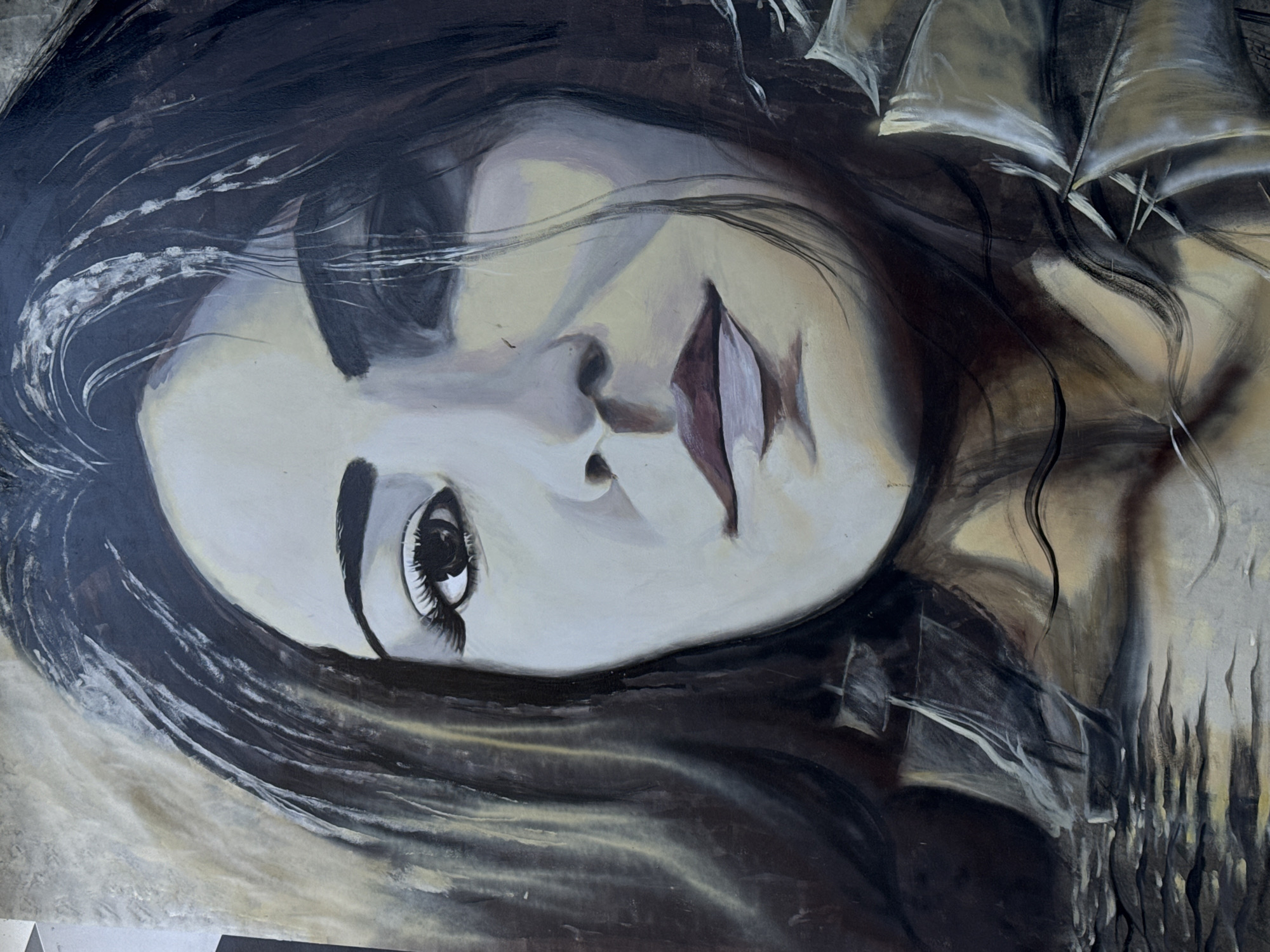 The image shows a close-up of a portrait painting. The subject is a woman with dark hair, depicted in shades of gray, brown, and white. Her face is slightly tilted. The eye is detailed, with defined eyelashes. The painting style appears to be expressive, with visible brushstrokes and shading. The background consists of abstract shapes and lines. The location of the image and artist are unknown.