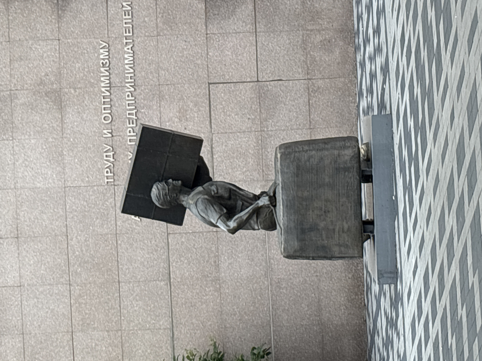 The image shows a bronze sculpture of a man carrying a large, flat object on his shoulders, while standing in a large suitcase. The sculpture is located in Blagoveshchensk, Russia. The man is depicted with a determined expression, wearing a short-sleeved shirt and shorts. The suitcase is rectangular and appears to be made of the same material as the sculpture. The sculpture is positioned on a concrete pedestal in front of a textured stone wall with Russian lettering that reads "ТРУДУ И ОПТИМИЗМУ" and "ПРЕДПРИНИМАТЕЛЕЙ", translating to "To Labor and Optimism" and "To Entrepreneurs". The ground in front of the sculpture is paved with a geometric pattern of gray and white tiles, creating a visually striking contrast with the sculpture and the wall. Green foliage is visible on the left side of the image, suggesting an outdoor setting. The lighting suggests it is daytime, with shadows cast on the tiled ground.