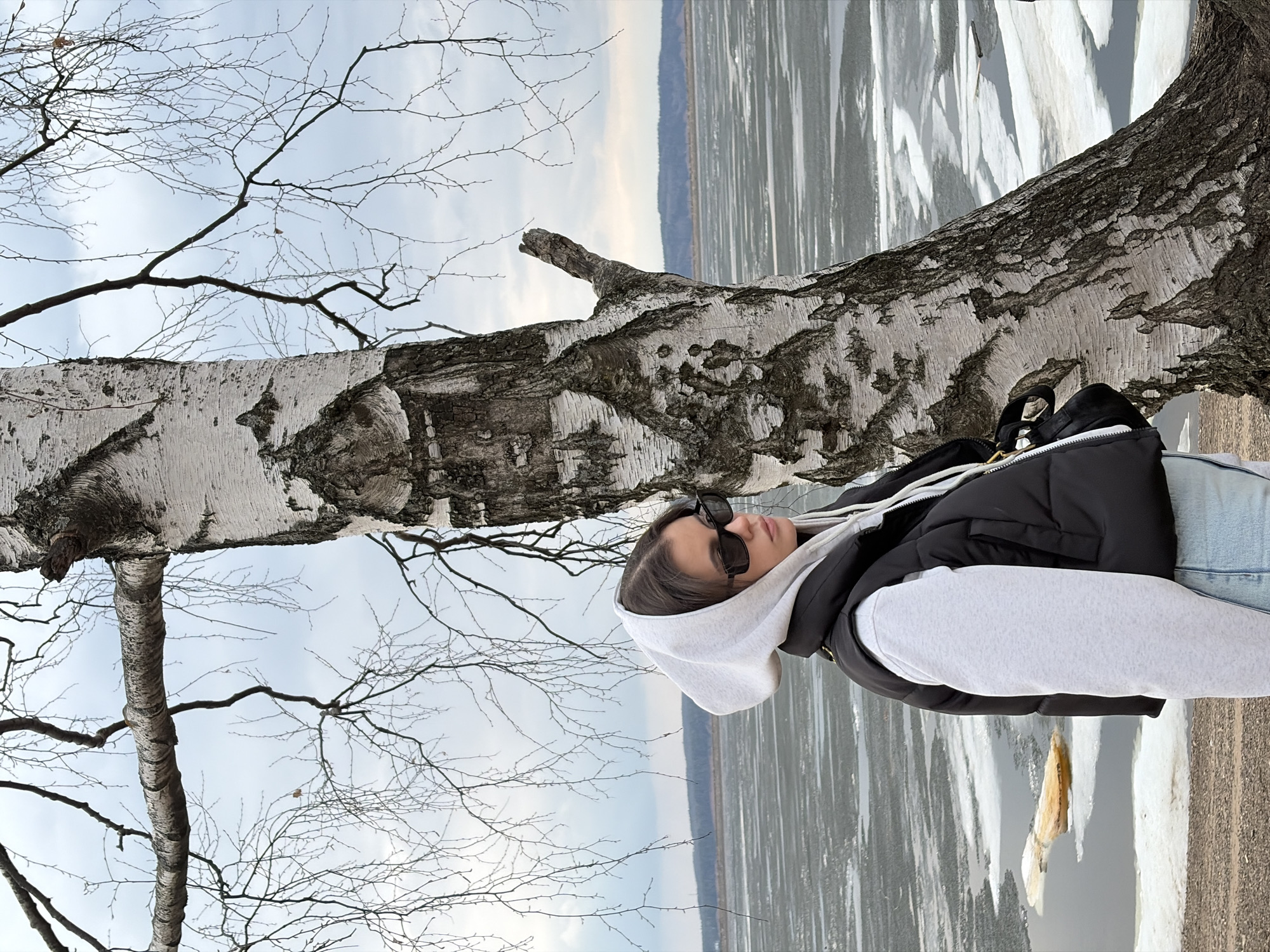 This media file captures an outdoor scene, appearing to be a portrait shot in a horizontal orientation. The main subject is a young woman, positioned towards the right side of the frame. She wears dark sunglasses, a light gray hooded sweatshirt, a black puffer vest, and light blue jeans. Her dark hair is visible, and she appears to be leaning back or resting, with her head tilted upwards.
A prominent birch tree trunk, characterized by its distinctive white and dark peeling bark, extends horizontally across the middle of the image, partially obscuring the woman. Its bare, intricate branches reach upwards and leftwards against an overcast sky. Another, thinner birch trunk is visible to the left. In the background, beyond the main tree trunk and the woman, lies a wide body of water, likely a lake or river, covered in stripes of melting ice or snow and darker water. A distant landmass or forest line is visible on the horizon.
The activity taking place seems to be a moment of rest or contemplation, possibly a posed photo opportunity amidst nature. The bare tree branches, the partially frozen water, and the warm clothing worn by the woman (puffer vest, hoodie) suggest a cold weather season, such as late winter or early spring. The sky is muted and overcast, indicating daytime with soft light. The setting, particularly the birch trees and icy water, aligns with the provided location context of Chaikovsky, Russia. No visible text is present in the image.