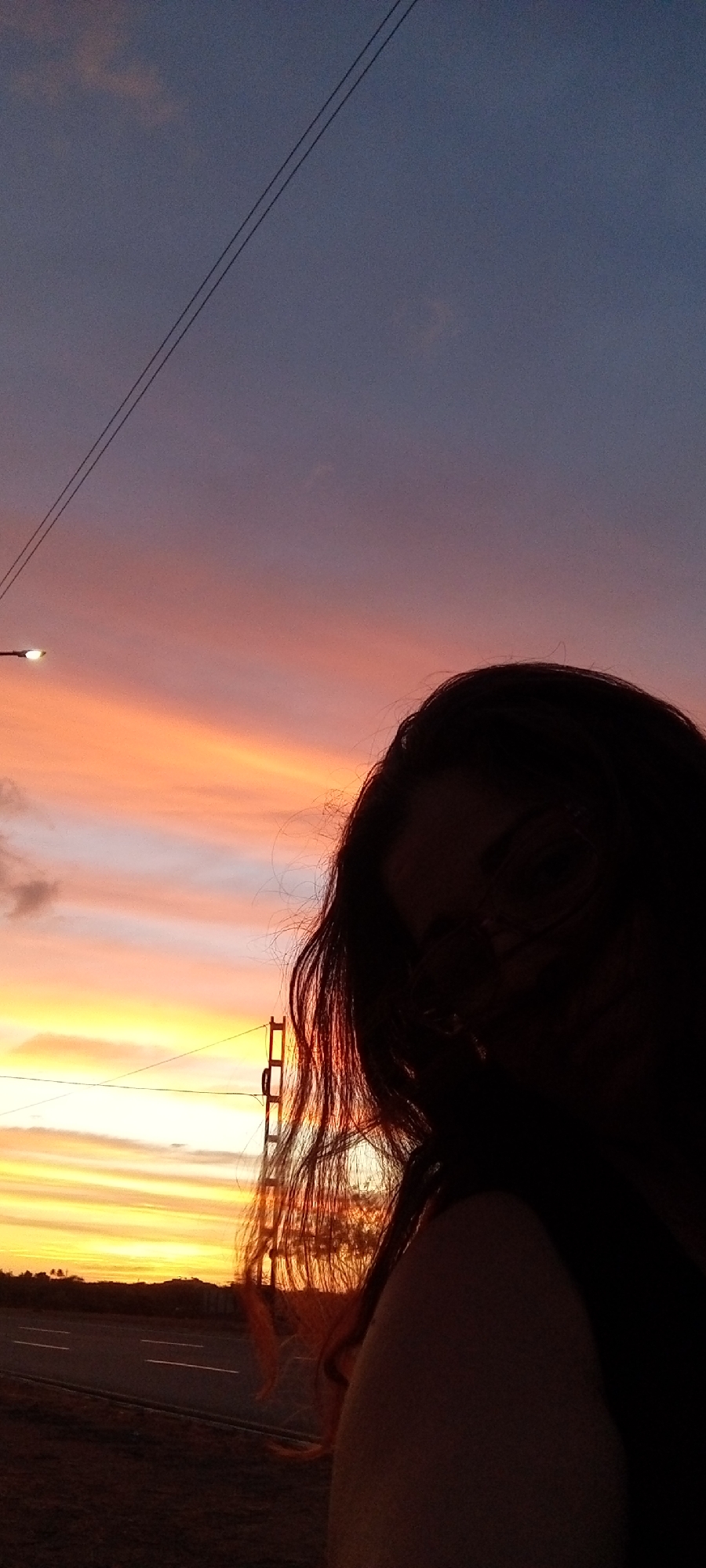 The image depicts a woman's silhouette against a sunset. Her long hair is blown by the wind, obscuring her face. In the background, a road stretches to the horizon, illuminated by the setting sun. Utility poles and power lines are visible in the distance. The sky is a blend of orange, pink, and purple hues.