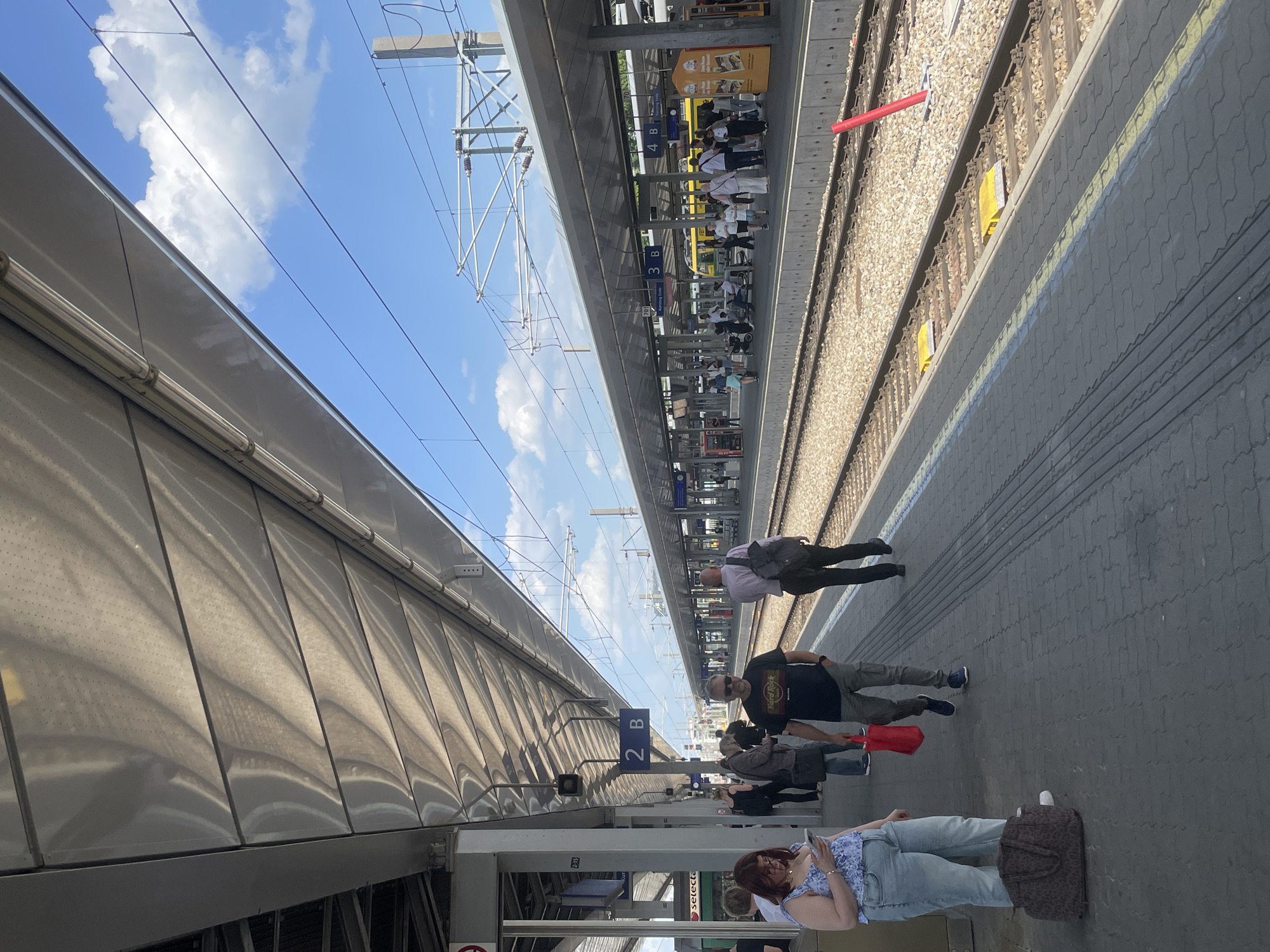 The image shows a train station platform. There are several people on the platform, some standing and some lying down. A sign indicates the platform is "2 B". The train tracks run alongside the platform, and another platform is visible across the tracks, where a group of people are waiting. Overhead wires are visible above the tracks. The sky is partly cloudy. The location is Unknown, Unknown.