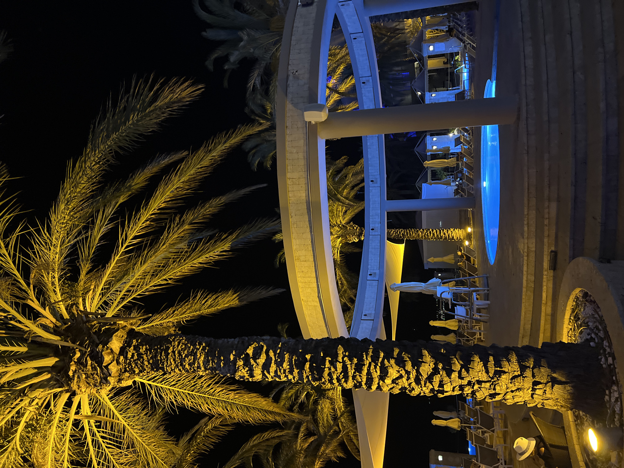 The image depicts an outdoor swimming pool area at night, illuminated by artificial lighting, likely in a resort or hotel setting within the Municipal Unit of Loutraki-Perachora, Greece. A prominent, large palm tree with textured bark, lit by warm yellow light, dominates the left side of the frame. Behind it, other palm trees with bright yellow fronds are visible against a dark night sky. In the mid-ground, a curved, multi-tiered structure with concrete and illuminated sections encircles a bright blue, illuminated swimming pool. Several lounge chairs, some with yellow umbrellas, are arranged around the pool area, suggesting a recreational space. Several cabana-like structures with awnings are also visible in the background, further indicating a resort environment. One person wearing a white hat is seated in a lounge chair on the lower left, facing away from the camera. The overall scene suggests a tranquil and inviting atmosphere for evening relaxation and swimming.