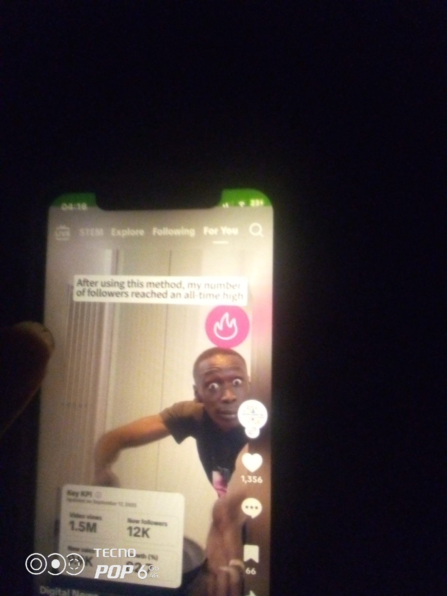 The image shows a smartphone screen displaying a TikTok video. A person's face is visible in the foreground, with an astonished expression. The video's caption reads, "After using this method, my number of followers reached an all-time high." Below the caption, statistics are displayed, including "Video views 1.5M" and "New followers 12K." A heart icon with "1,356" next to it indicates likes, and a speech bubble icon suggests comments, with a number "66" below it. The bottom of the screen shows a "TECNO POP 6" logo. The background is dark, suggesting the image was taken in low light conditions. There is no indication of the city of Howayi, Nigeria in the image.