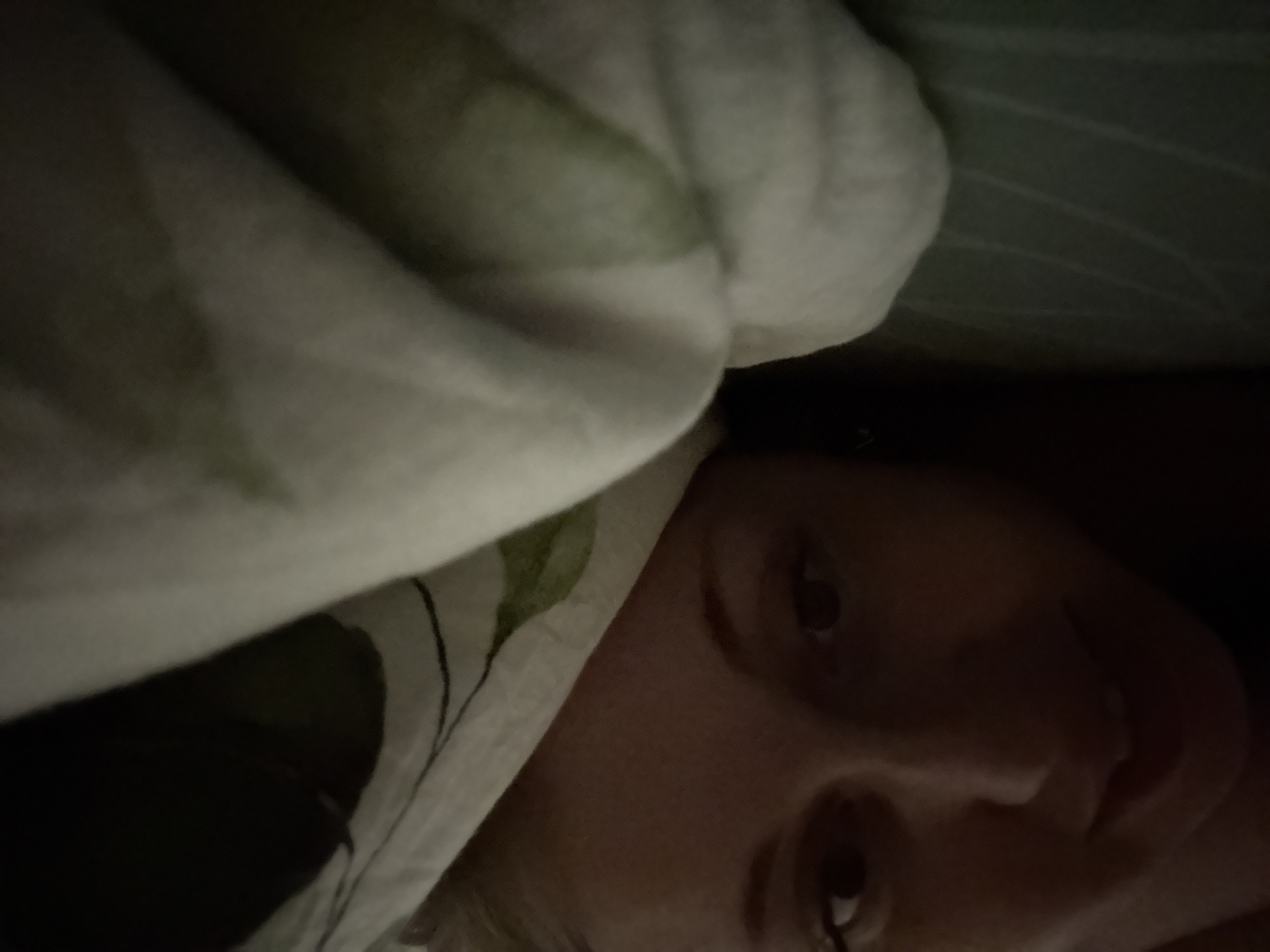The image captures a close-up, rotated view of a person's face partially covered by bedding. The subject's face is dimly lit, with their eyes open and looking towards the viewer. Their skin tone appears light to medium.
The upper left portion of the frame is dominated by white bedding with a subtle green and black leaf pattern. Below this, the person's face emerges from under the covers. To the right and upper right, a darker green sheet or pillowcase is visible, featuring faint parallel lines that suggest a texture or pattern. The overall lighting is low, creating a subdued and intimate atmosphere, possibly indicating a nighttime or early morning setting, or a dimly lit room.
No specific activity beyond the person looking towards the camera is discernible. There is no visible text. The location appears to be indoors, likely a bedroom, given the presence of bedding.