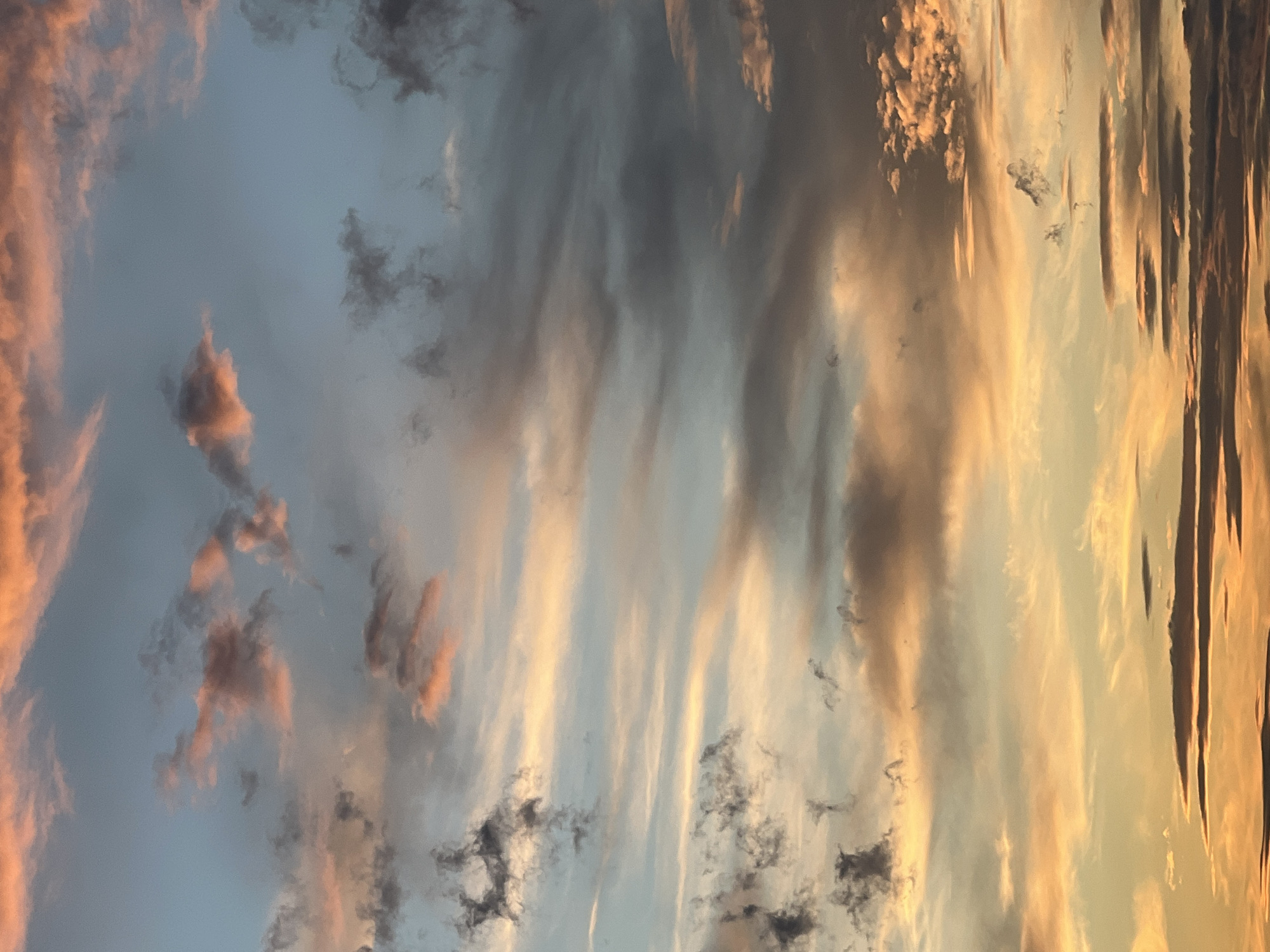 This media file depicts a dramatic sky with clouds at sunset. The clouds are illuminated with hues of orange, pink, and yellow, contrasting with darker gray and blue tones. The lighting suggests the sun is low on the horizon, casting long shadows and creating streaks of color across the sky. The clouds appear wispy and elongated, possibly indicating wind at higher altitudes. There are no visible people, objects, text, or specific location cues other than the provided location context of Sinyavino, Russia. The overall mood is one of natural beauty and the transient quality of the sky at dusk.
