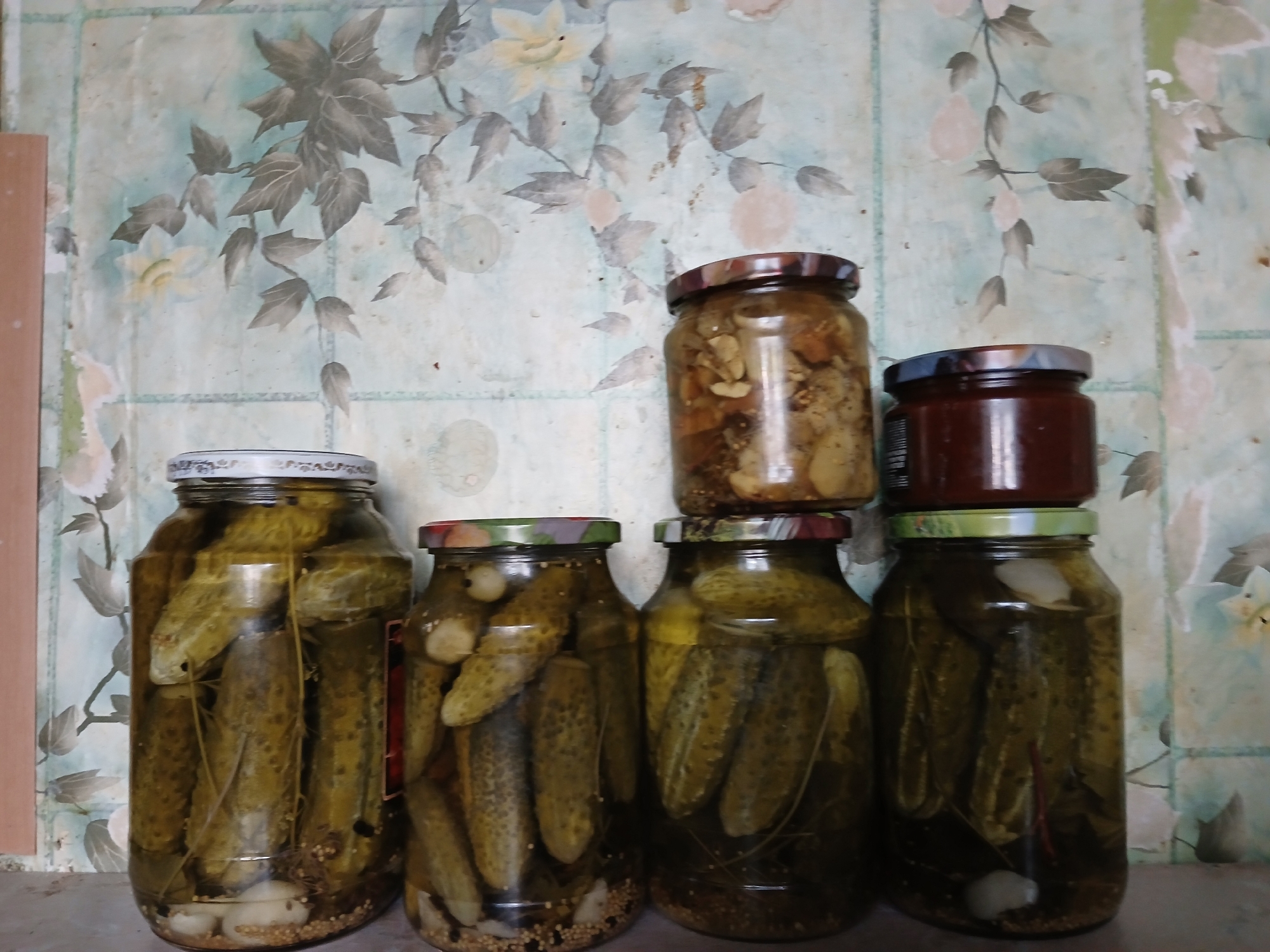 The image depicts a collection of five glass jars containing preserved food items, possibly pickles and preserves. The jars are arranged on a surface, with three in the front row and two stacked behind them. The background features a patterned wallpaper with a faded floral design in muted colors of green, blue, and yellow, showing signs of wear and tear, including peeling and discoloration. A portion of a wooden panel is visible on the left side of the image. The lighting suggests an indoor setting, likely a kitchen or pantry. The presence of preserved food in glass jars on a shelf is a common sight in domestic settings. The scene does not contain any people or overt actions. The general aesthetic is one of domestic preservation and storage in a somewhat aged environment.