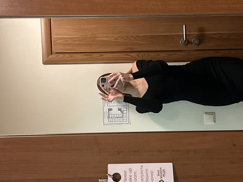 A woman takes a mirror selfie in a hotel room. She wears a long-sleeved black dress and holds a pink phone up to her face. On the wall, there is a floor plan and a "Do Not Disturb" sign hanging on the door. The room has wood paneling above and below the mirror. A light switch is visible on the wall near the woman.