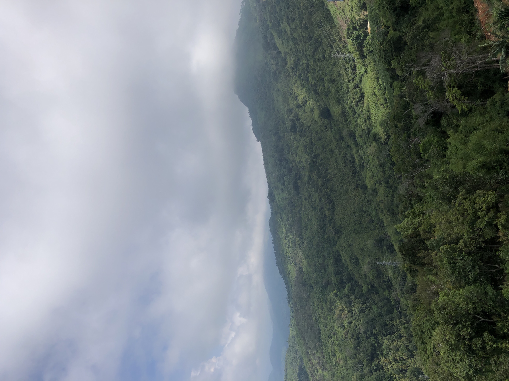 This is a wide-angle, elevated, photographic image capturing a lush, green mountain landscape under a cloudy sky. The mountains, densely covered with trees and vegetation, recede into the distance. The sky is overcast with large, grey clouds, with patches of lighter blue visible in the upper left portion. A prominent mountain peak in the middle ground is partially obscured by mist or clouds. In the foreground and mid-ground, the terrain is rugged and heavily forested, with various shades of green indicating different types of foliage. A few power lines and pylons are visible on the right side of the image, suggesting some human infrastructure within the natural environment. The location is identified as Nam Hải, Vietnam. There are no people or animals visible in the image. The overall impression is one of a vast, verdant, and somewhat wild natural landscape.