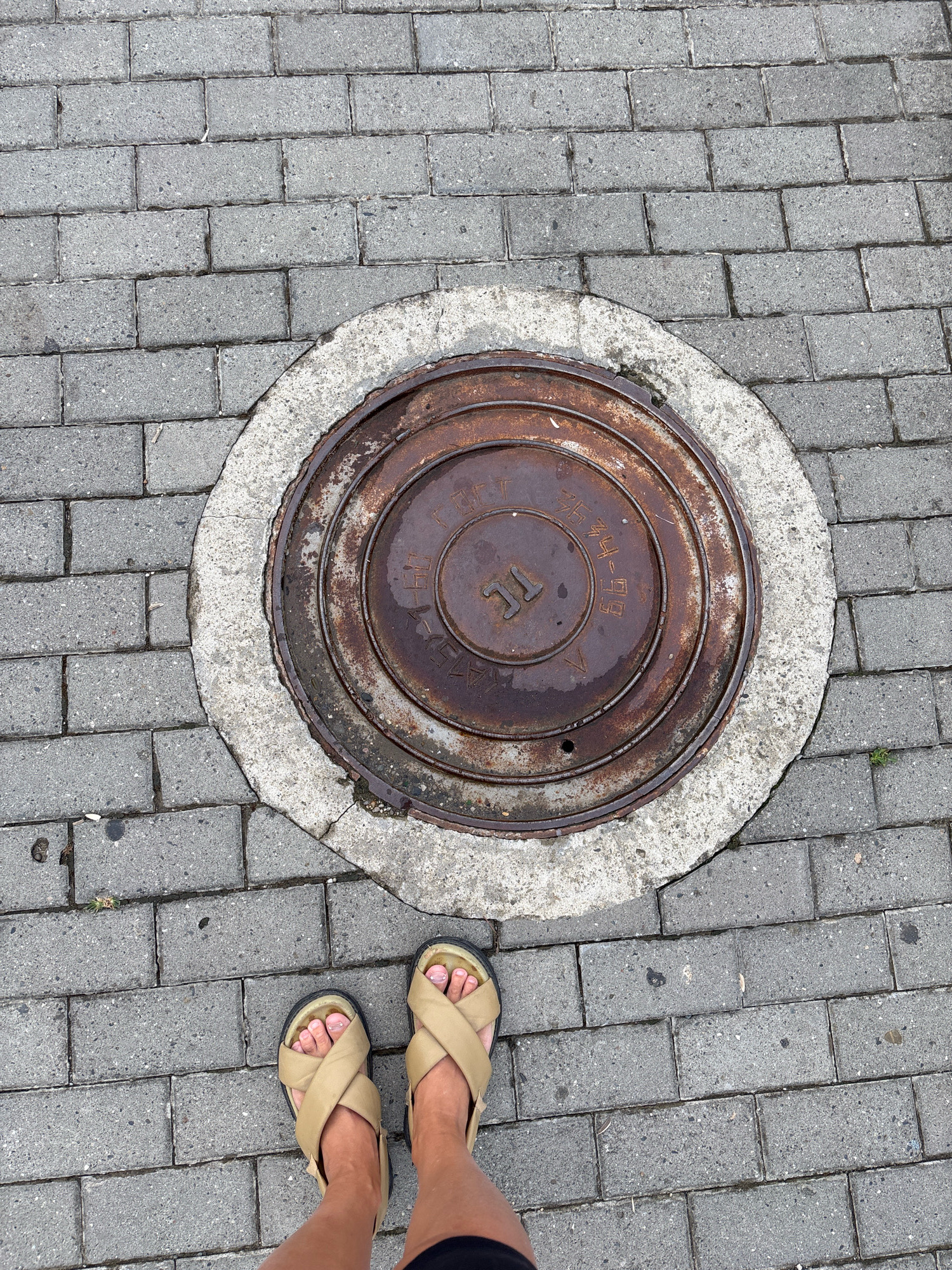 A top-down view shows a person's feet wearing beige, cross-strap sandals, standing on a gray brick sidewalk. The feet are positioned just above a circular, rusty manhole cover embedded in the sidewalk. The manhole cover is surrounded by a concrete ring. The sidewalk is composed of rectangular gray bricks. The scene is outdoors, with no other discernible objects or individuals in the frame.