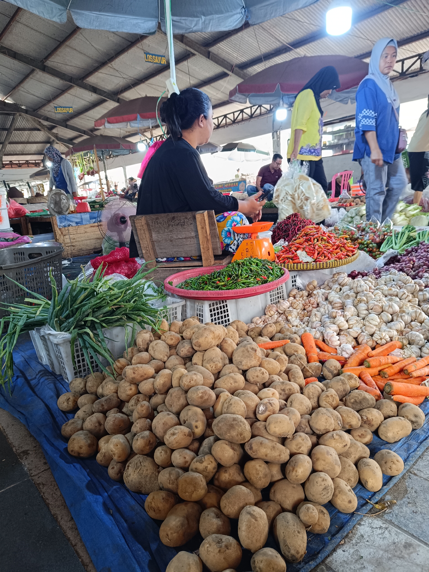 This is an outdoor market scene in Kayu Agung, Indonesia, likely a traditional wet market. The image is dominated by a large display of fresh produce, primarily potatoes, carrots, garlic, and various types of chili peppers, arranged on blue tarpaulin spread across the ground. Several white plastic baskets and a large wicker tray are used to hold and display the vegetables.
In the foreground, a significant pile of potatoes is visible, with some carrots placed next to them. Behind these, there are large quantities of garlic bulbs and a bright red mound of chili peppers in a woven tray. To the left, a bunch of green onions is displayed in a white basket.
Several individuals are present in the market. In the mid-ground, a woman wearing a black shirt is seated, seemingly attending to her stall, with her hands resting near a digital scale. To her left, a pink item, possibly fabric or plastic, is draped. Further back, a woman in a yellow shirt and headscarf walks by, carrying a bag of goods. Another woman in a blue shirt and light blue headscarf is also visible, walking towards the right. In the background, other market-goers and stalls can be seen, along with the market's roof structure made of corrugated metal and supported by beams. Signs with the text "LOS SAYUR" are visible hanging from the roof, indicating a vegetable section of the market. The overall atmosphere suggests a bustling marketplace with fresh food being sold.