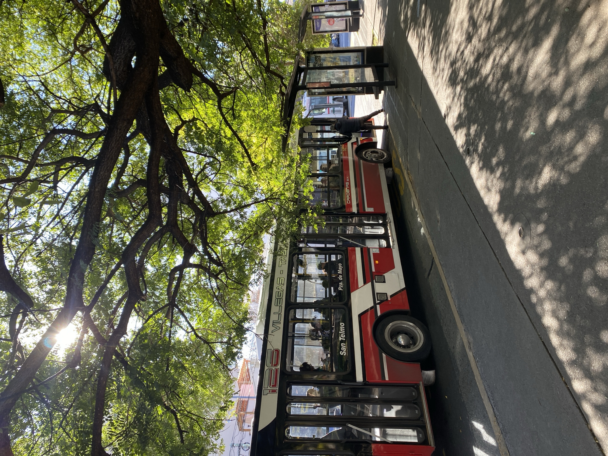 A long red-and-white public transportation bus sits at a bus stop on the street. The bus is labeled with the number 129 and the destinations "Villegas - Tablada" and "Pza. de Mayo - San Telmo." Passengers are visible inside the bus. An individual is standing at the front door of the bus. A bus shelter is located near the front of the bus. A large, mature tree with thick branches covered in green leaves stretches over the bus and the sidewalk. The sun is shining through the branches. The sidewalk has a dappled pattern of light and shadow. The location is Buenos Aires, Argentina.