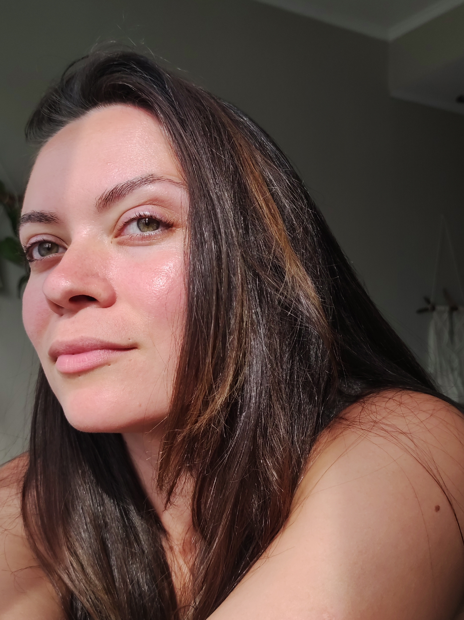 A close-up portrait features a woman with long, dark brown hair, highlighted by a few lighter, perhaps auburn or honey-colored, streaks. She is captured in natural light, with a strong, warm light source, possibly sunlight from a window, creating a distinct diagonal shadow across her face. This light illuminates the left side of her face, highlighting her fair skin, which appears radiant and moisturized, and her greenish-hazel eyes. She looks slightly to her left, with a calm, subtle expression that suggests a thoughtful or soft smile. Her eyebrows are well-defined, and her eyelashes are visible.
Her hair flows over her shoulders, which are partially bare, revealing a small mole on her right shoulder. The background is softly out of focus and appears to be an indoor setting, likely a room. Hints of a dark green plant are visible on the far left, and on the right, there's a suggestion of a light-colored ceiling molding and possibly some woven wall decor in the distant background, against a dark gray wall. The distinct shadows and highlights indicate it is daytime, with clear weather outside. The image captures an intimate moment, possibly taken in Chaikovsky, Russia. No text is visible in the image.