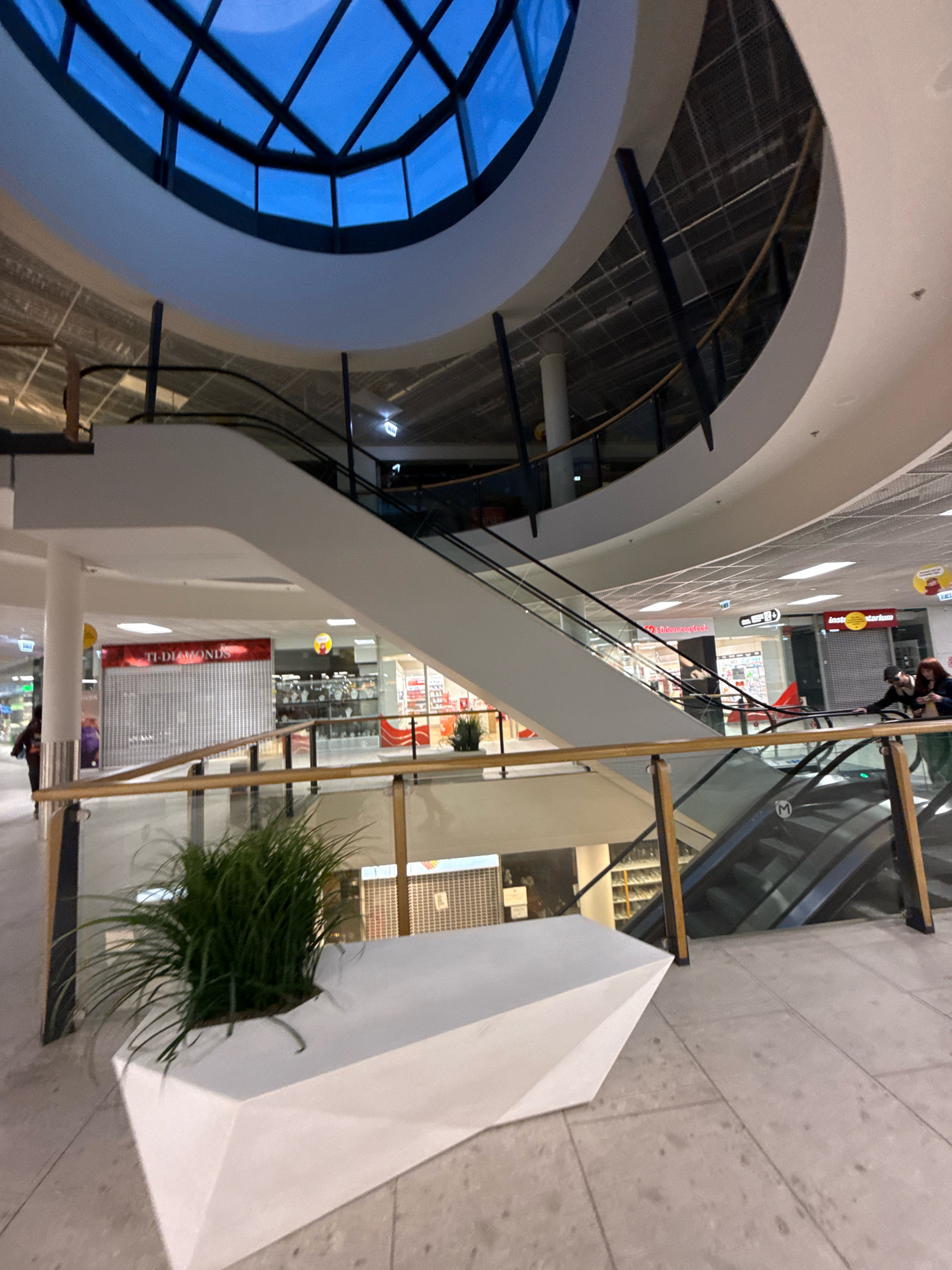 The image depicts the interior of a modern shopping mall, likely in Tallinn, Estonia. In the foreground, a white geometric planter contains a lush green plant. Behind it, a glass and wood railing overlooks a lower level. The midground features escalators, one of which is in motion, with several shoppers interacting. Stores with closed metal shutters are visible on the ground floor, suggesting it might be outside of operating hours or a holiday. Notably, a red sign with "TI-DIAMONDS" is visible on one of the closed storefronts. The upper levels of the mall are characterized by curved white architecture and a large, segmented glass ceiling that allows natural light to filter in, revealing a blue sky. The overall impression is one of a contemporary, multi-level retail space.
