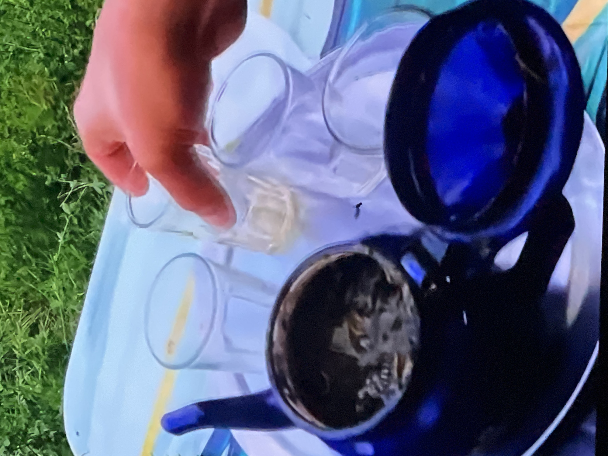 A hand is pouring from a clear glass into another clear glass that has some yellow liquid. In the foreground, a dark blue teapot with a lid sits on a tray. The tray is light blue with a yellow stripe and is on a surface covered in green grass. This appears to be an outdoor setting in Casablanca, Morocco, likely a garden or park, where traditional Moroccan mint tea is being prepared.