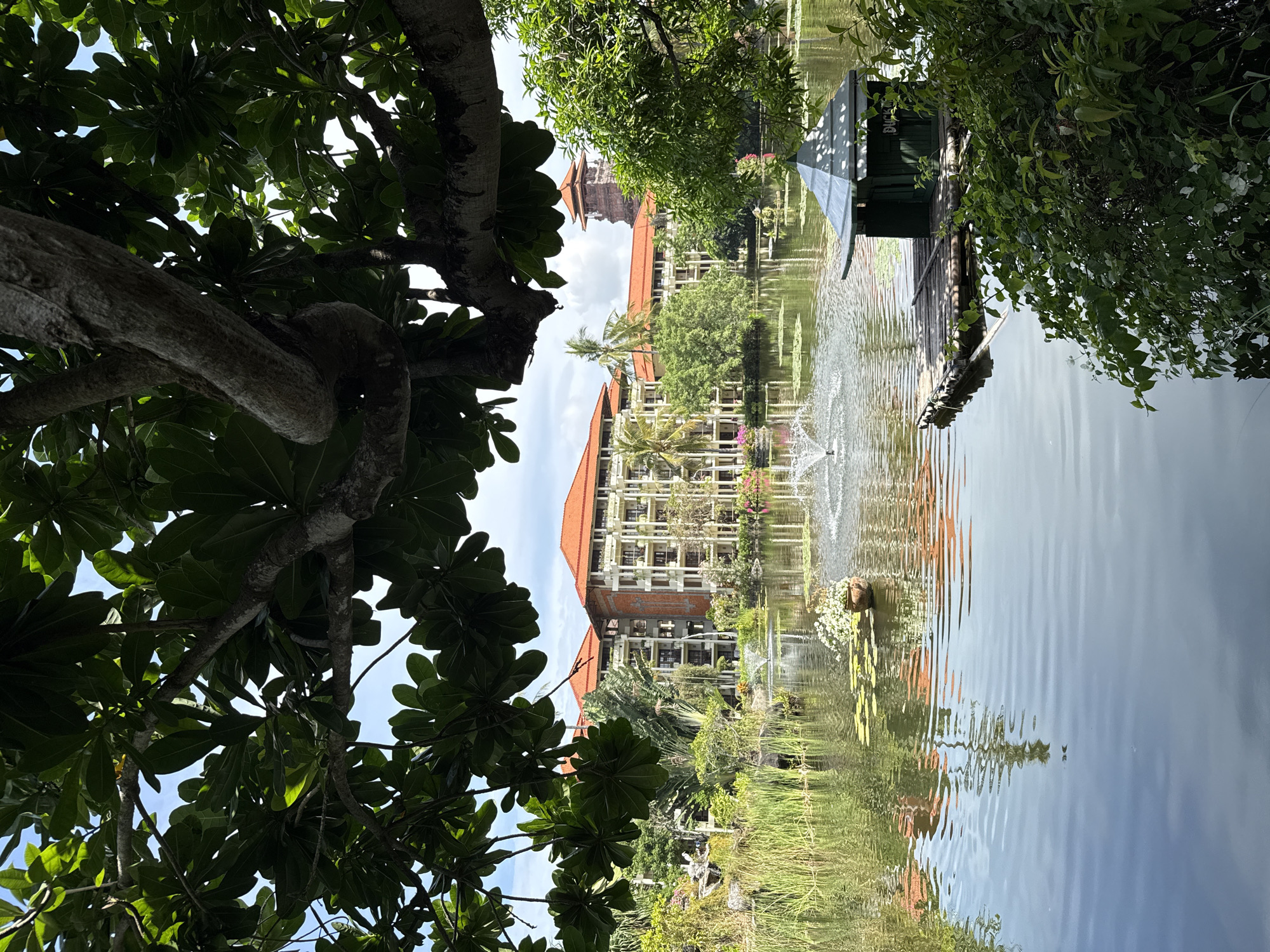 This is a detailed description of a scene in Kuta Selatan, Indonesia. A tranquil body of water, likely a pond or small lake, dominates the foreground and middle ground. The water's surface is rippled, reflecting the sky, trees, and the buildings in the background. Several lily pads are visible, and a small fountain creates a spray of water in the middle of the pond. To the left of the pond, tall green reeds grow.
On the water, a small, dark green structure with a grey, angular roof sits on a raft of wooden logs. The structure appears to be a shelter or a decorative element, with the word "DUCK" faintly visible on its side.
In the mid-ground, a multi-story building with orange tiled roofs stretches across the landscape. The building has multiple balconies and windows, suggesting it is a hotel or resort. Palm trees and other lush green vegetation surround the building. A traditional Balinese tower, possibly a temple or a decorative structure, is visible in the distance, to the right of the main building, also topped with an orange roof.
The foreground is framed by the large, leafy branches and trunk of a tree, its dark green leaves and rough bark contrasting with the brighter scene beyond. Sunlight filters through the leaves, creating dappled light on the branches and the water. The sky is partly cloudy, with patches of blue visible. No people are present in the image. The overall impression is of a serene, tropical resort setting.