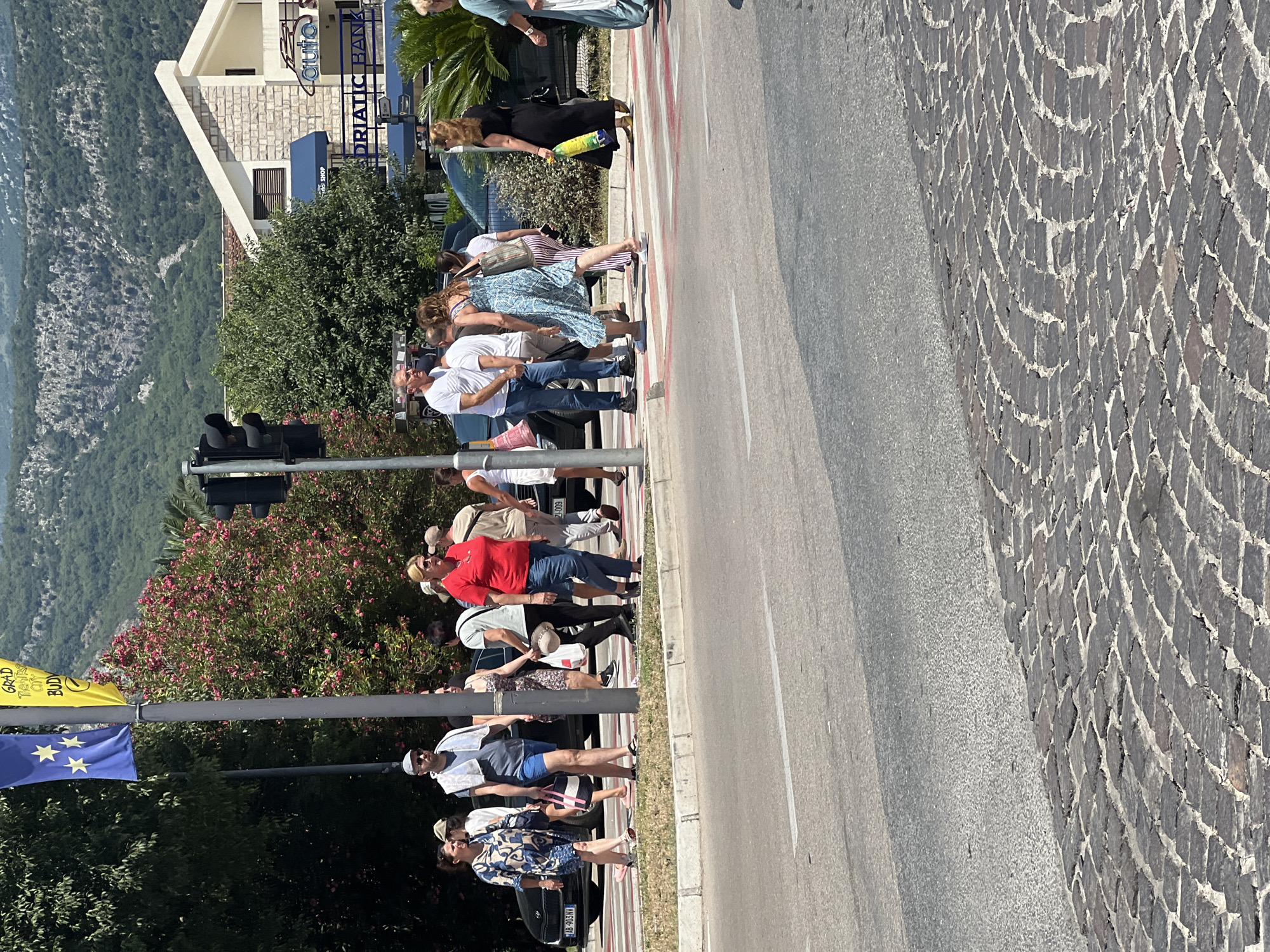 This image captures a sunny day scene with a group of people crossing a pedestrian street in Budva, Montenegro. The subjects are diverse, including men, women, and what appear to be children. They are dressed in casual summer attire, suggesting warm weather.
The activity is a pedestrian crossing, with people walking across a marked crosswalk. Some are walking individually, while others are in pairs or small groups. They appear to be moving from left to right in the frame.
Notable details include the cobblestone pavement on the right side of the street, contrasting with the asphalt road. A traffic light is visible on the left side, indicating a controlled intersection. Behind the people, a building with signs that read "ADRIATIC BANK" and "CUBO" is partially visible, providing a strong location cue. Further in the background, lush green hills rise, suggesting a mountainous or hilly terrain surrounding the town. A large bush with pink flowers adds a touch of natural beauty to the scene. Two flags are also visible on poles: one is a blue flag with yellow stars, likely the European Union flag, and another is a yellow flag with some text.
The time of day appears to be midday, given the bright sunlight and strong shadows. The overall mood seems relaxed and ordinary, with people going about their daily activities.
There is visible text on a building: "ADRIATIC BANK" and "CUBO". On the yellow flag, the text "GRAD" and "BUD" are partially visible, likely referring to the city of Budva.
