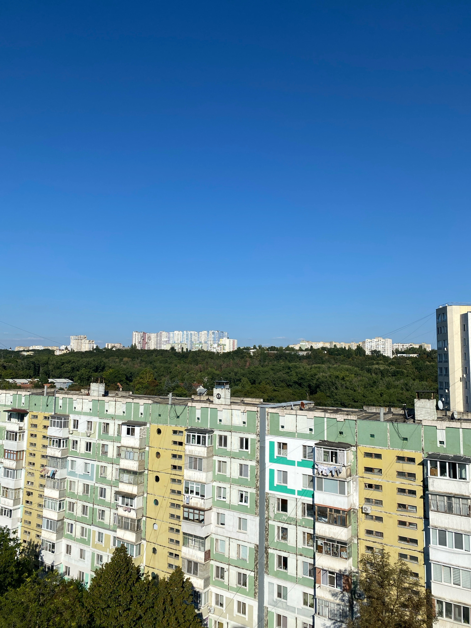 This is a daylight, medium-distance, eye-level shot of apartment buildings in Chișinău, Moldova. The sky is a clear, vibrant blue, occupying the top half of the frame. Below the sky, a lush green forest stretches across the mid-ground, behind the primary subject. In the foreground and filling the lower half of the image are several apartment buildings. The closest building is a long, multi-story structure with a predominantly light green and yellow facade. Its windows are of various sizes and shapes, and many of the apartments have enclosed balconies. Some balconies have clothes hanging to dry. Behind this building, other similar apartment blocks are visible, also featuring balconies and a mix of green, yellow, and white coloration. Further in the distance, several taller, modern apartment buildings with white and light-colored facades are visible, set against the green treeline. The overall impression is of a residential area within a city, with a mix of older and newer apartment constructions, surrounded by significant greenery.