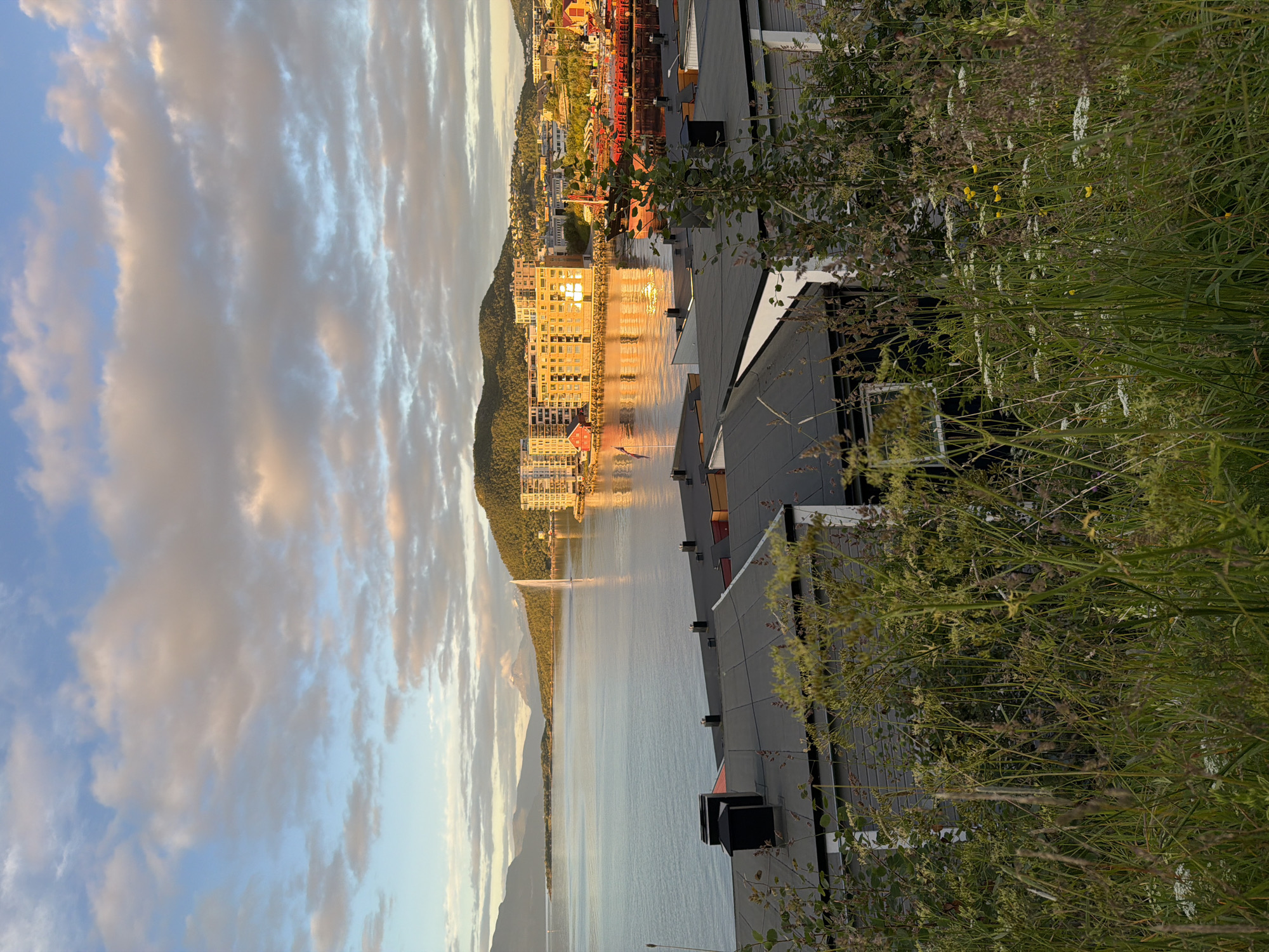 The image captures a panoramic view of the Harstad harbor in Norway, bathed in the warm, golden light of sunset. In the foreground, lush green grass and wildflowers are in focus, with several low-rise buildings with dark roofs and white walls visible behind them. These buildings appear to be residential or commercial structures.
The middle ground showcases the calm, reflective waters of the harbor. A prominent fountain shoots a tall spray of water into the air, catching the sunlight. Across the harbor, a cluster of modern buildings, primarily yellow and white, are situated along the waterfront, their facades illuminated by the setting sun. Red cargo ships and industrial structures are also visible, suggesting a bustling port. In the distance, rolling green hills and majestic mountains rise, their peaks softened by the atmospheric haze and the fading light. The sky above is a canvas of soft blue and pink hues, with scattered clouds tinged with orange and gold, indicative of a beautiful sunset. The overall scene conveys a sense of peaceful, picturesque coastal city life.
