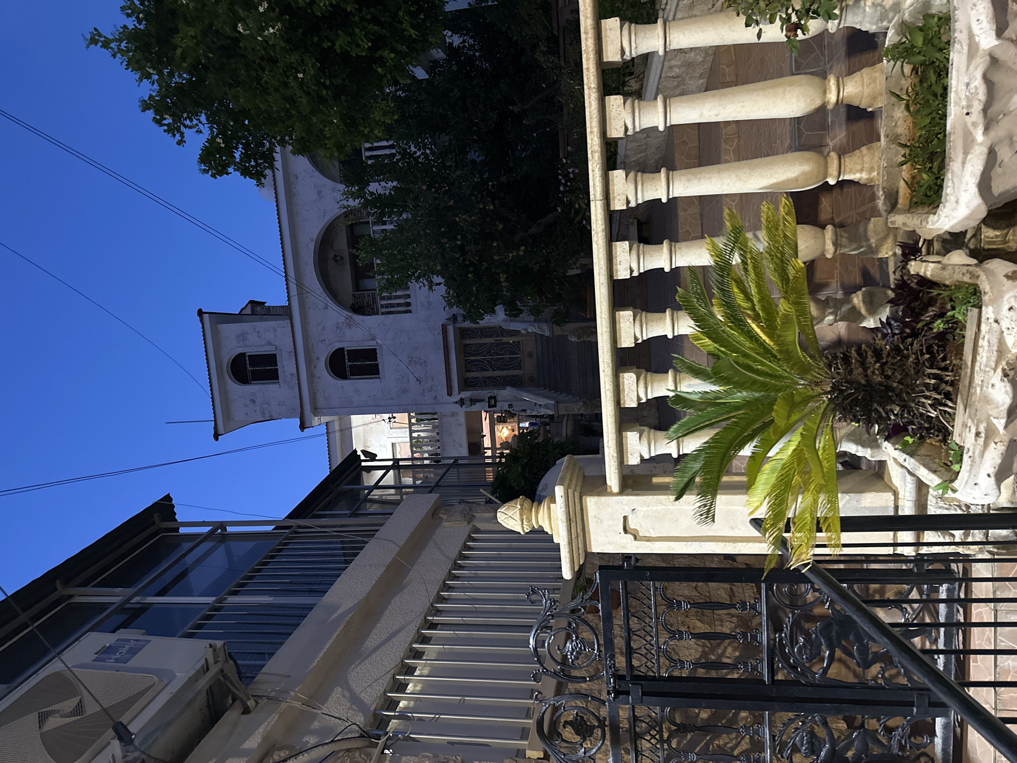 The image depicts an outdoor scene at dusk, possibly in the city of Peyia, Cyprus. The foreground features a black metal gate with ornate scrollwork, leading to a pathway or garden area. A small palm plant is visible in a white planter to the right of the gate, with steps and a decorative balustrade behind it.
Beyond the gate and balustrade, a multi-story building is visible. This building appears to have a light-colored facade and arched windows. There are also trees and foliage surrounding the structure. Electrical wires are strung across the deep blue sky, suggesting an urban or semi-urban environment. The lighting suggests it is either early morning or late evening. The overall impression is of a residential or perhaps a commercial property in a Mediterranean setting.