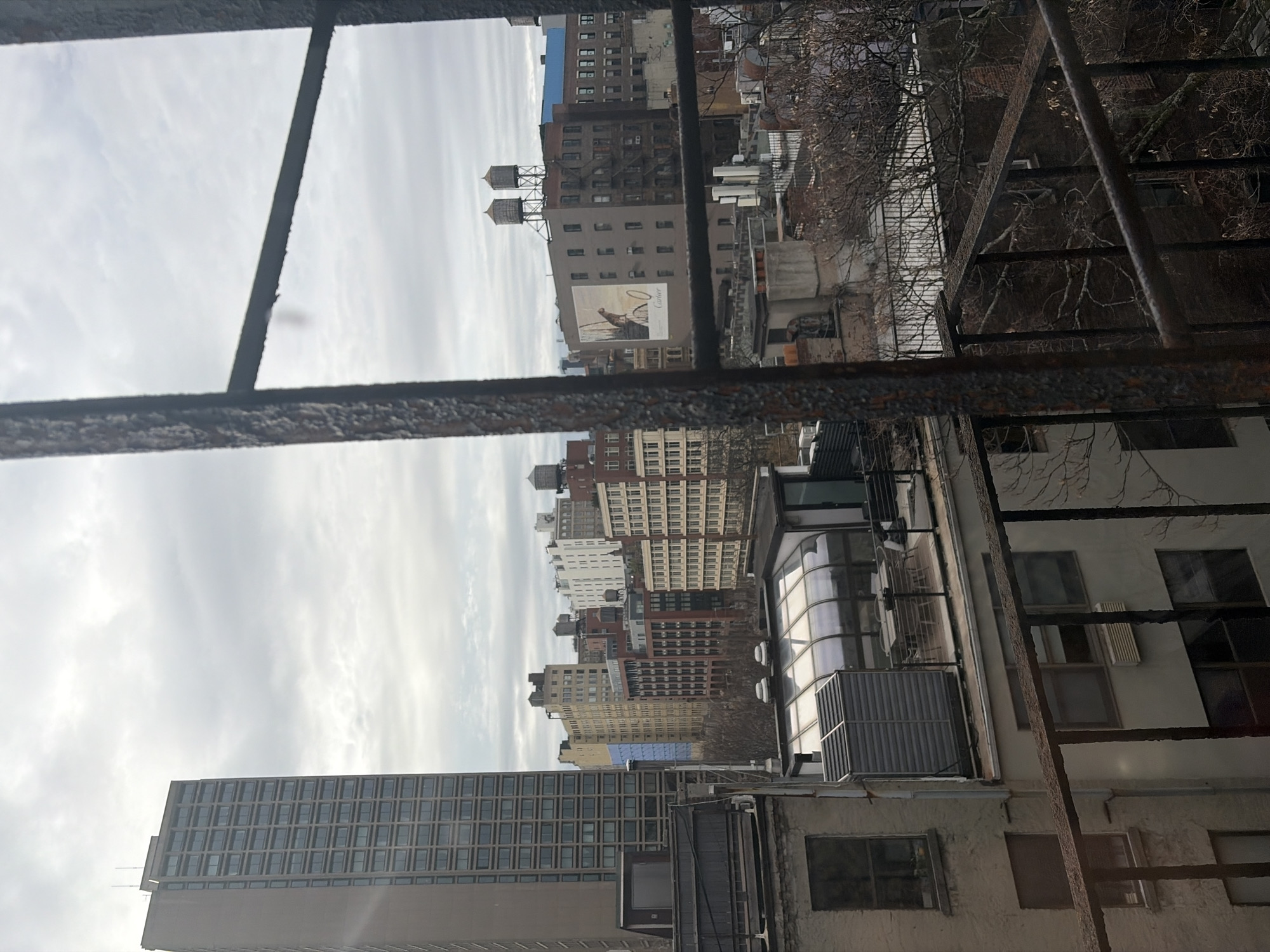 The image depicts an urban cityscape in New York City, United States of America, viewed from an elevated position, likely a balcony or fire escape, looking generally northeast across Manhattan. The immediate foreground features a rusty, dark-brown metal railing structure with vertical and horizontal bars partially obscuring the lower view.
In the mid-ground, below the distant cityscape, rooftops and upper floors of closer buildings are visible. A prominent feature is a building with a large, glass-domed rooftop enclosure, possibly a sunroom or penthouse, furnished with a circular outdoor dining table and chairs. Adjacent to this is a dark, louvered outdoor unit, likely HVAC equipment. Other building sections show brick and concrete facades with visible windows and an air conditioning unit. Bare tree branches, devoid of leaves, are visible in the lower right, suggesting a late fall, winter, or early spring season.
The background presents a dense panorama of diverse Manhattan architecture under an overcast sky with grey and white clouds. Buildings vary in height and age, from multi-story brick residential structures to taller, more modern high-rises. Numerous cylindrical water towers, characteristic of New York City, are visible on various rooftops. The tall, slender building with a grid-like window pattern on the far left is identifiable as The Caledonia at 450 W 17th Street. In the mid-right, a building features a large outdoor advertisement for "Cartier," depicting a panther-like animal on a bicycle wheel, which is located at 630 9th Avenue. No individuals or discernible actions are present in the scene.