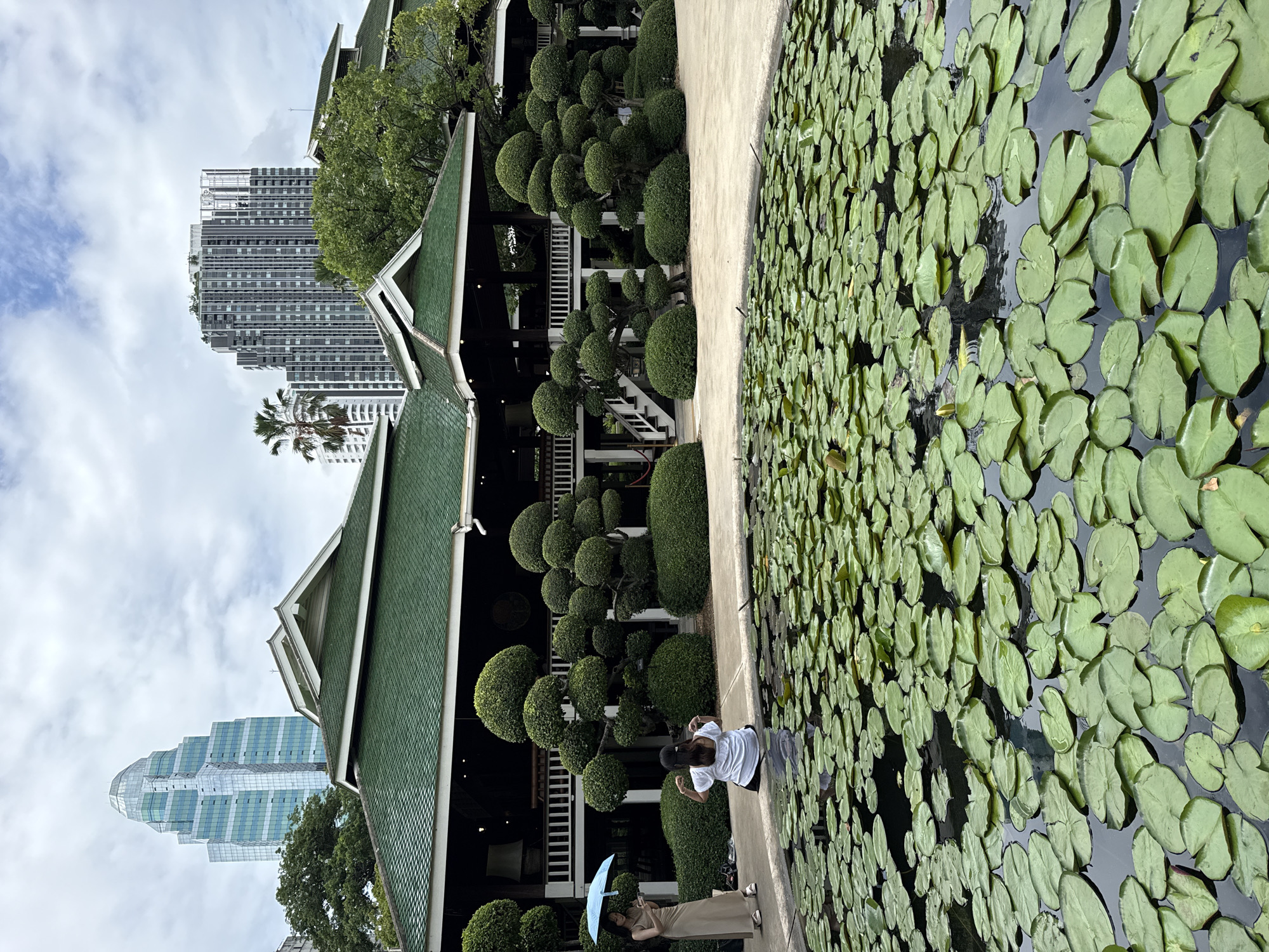 The image shows a tranquil pond filled with water lilies in the foreground, with a traditional Thai-style building in the background. The building features a green tiled roof and intricate wooden latticework. In front of the building are meticulously sculpted topiaries and lush green bushes.
In the middle ground, two women are visible. One woman, dressed in a beige dress, stands to the left, holding a light blue umbrella. She appears to be looking at her phone. The second woman is seated on the edge of the pond, facing away from the camera, wearing a white top and dark bottoms. She is looking at the first woman and appears to be posing.
In the background, modern skyscrapers, including a distinctive glass skyscraper, rise above the traditional architecture, indicating an urban setting. The sky is overcast with some clouds. The scene is likely located in Lumpini Park, Bangkok, Thailand, known for its blend of nature and urban development, and often features such traditional Thai architecture within its green spaces.