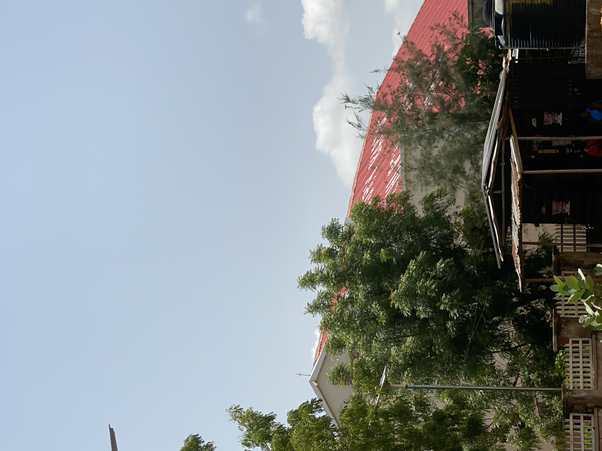 The image captures a bright, clear day in Jalingo, Nigeria, with the sun casting a gentle light. The scene is dominated by the architecture of a building with a vibrant red corrugated metal roof, contrasting with the pale blue sky dotted with soft white clouds. Lush green trees, full of leaves, partially obscure the building, creating a sense of natural encroachment on the urban environment.
On the right side of the image, a multi-story building with a weathered concrete facade is visible. It features numerous windows with white, latticed bars. Adjacent to this building, a makeshift structure with a rusted metal roof and exposed wooden beams extends outwards. This structure appears to be a stall or shop, with items displayed behind a protective barrier. A person wearing a blue shirt is visible inside this stall, suggesting ongoing commercial activity.
Another building, possibly a more modern construction, is also partially visible, with a lighter colored exterior and a white roofline. A thin, dark pole, possibly a street light or antenna, stands in the foreground. The overall impression is of a lively, everyday scene in a tropical climate, where nature and human structures coexist. The image does not contain any visible text.