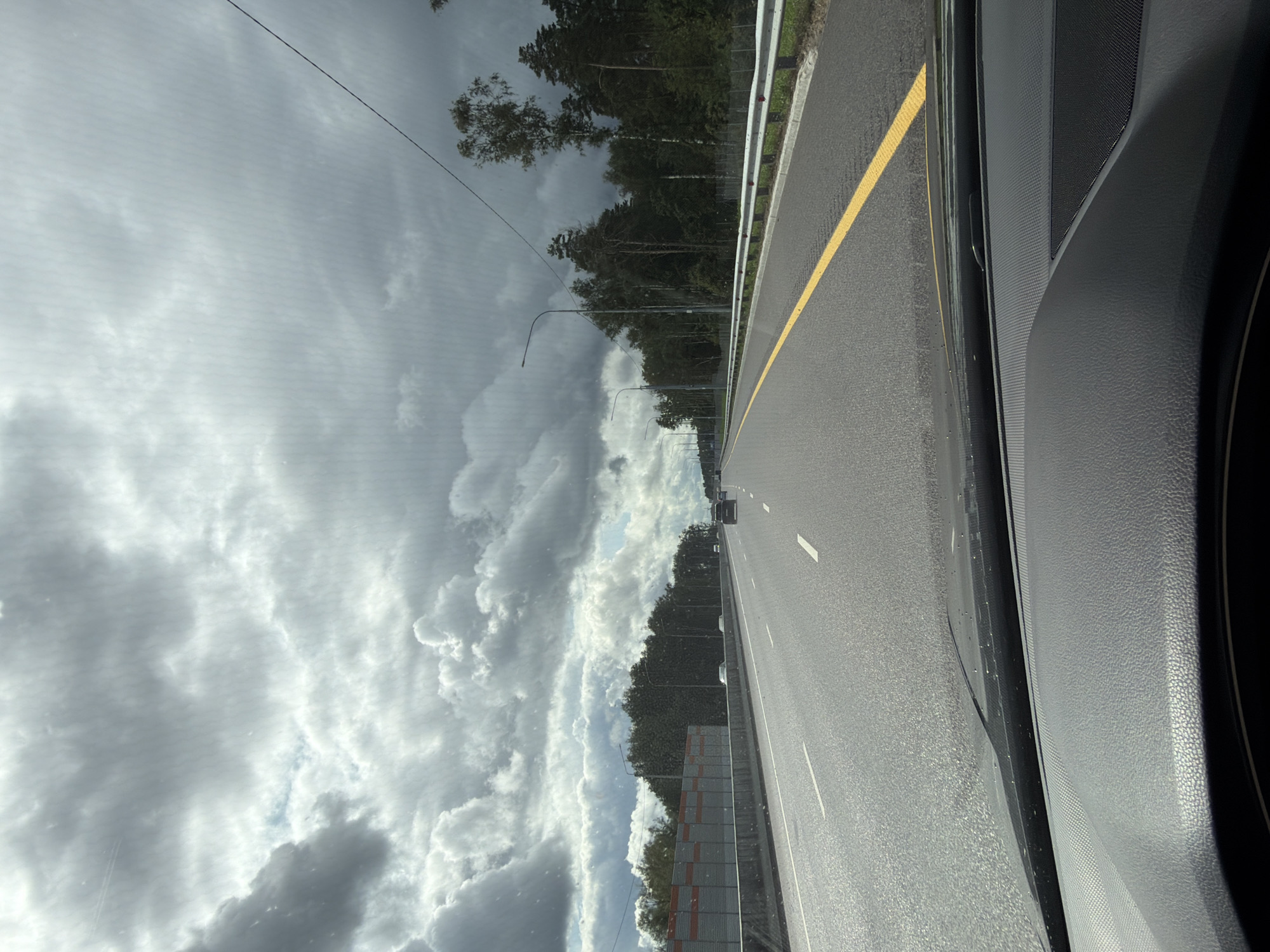 The image shows a view from inside a car driving on a highway. The sky is overcast with dramatic, dark clouds. The highway has multiple lanes, separated by white lines. There is a yellow line marking the edge of the driving lane on the right. On the left side of the highway, there is a sound barrier with a textured grey surface and orange accents. Beyond the sound barrier, there are trees. On the right side of the highway, there is a metal guardrail and a dense line of trees. Several cars are visible on the highway ahead, and streetlights are present along the roadside. The foreground shows the dashboard and windshield of the car. The location is identified as the M5 highway in the vicinity of Русавкино-Романово, Russia.