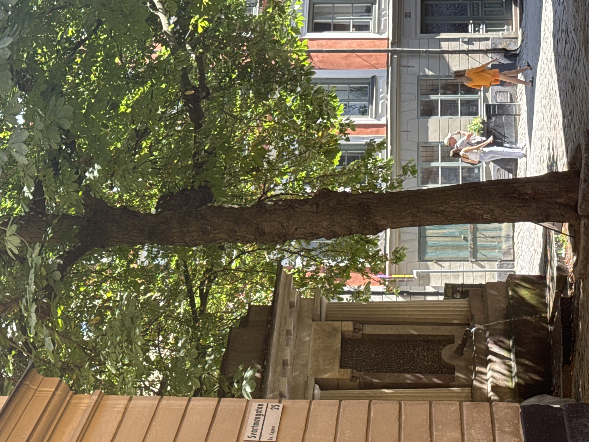 The image depicts a street scene in Stockholm, Sweden, specifically on Svartmangatan 25. A large tree with dense green foliage dominates the foreground, casting shadows on a cobblestone street. To the left, a building with a light brown facade displays a street sign reading "Svartmangatan" and "kv. Cygnus 25". Adjacent to it is a stone structure with classical columns and a decorative entrance, which appears to be a fountain, with water flowing from a spout. In the background, several people are visible on the street. Two individuals, a man wearing a cap and a woman in white attire, are interacting near a building with grey and orange walls. Another woman in an orange outfit is walking away from the camera. The buildings in the background exhibit traditional architecture with multiple windows. The overall atmosphere is sunny and urban.