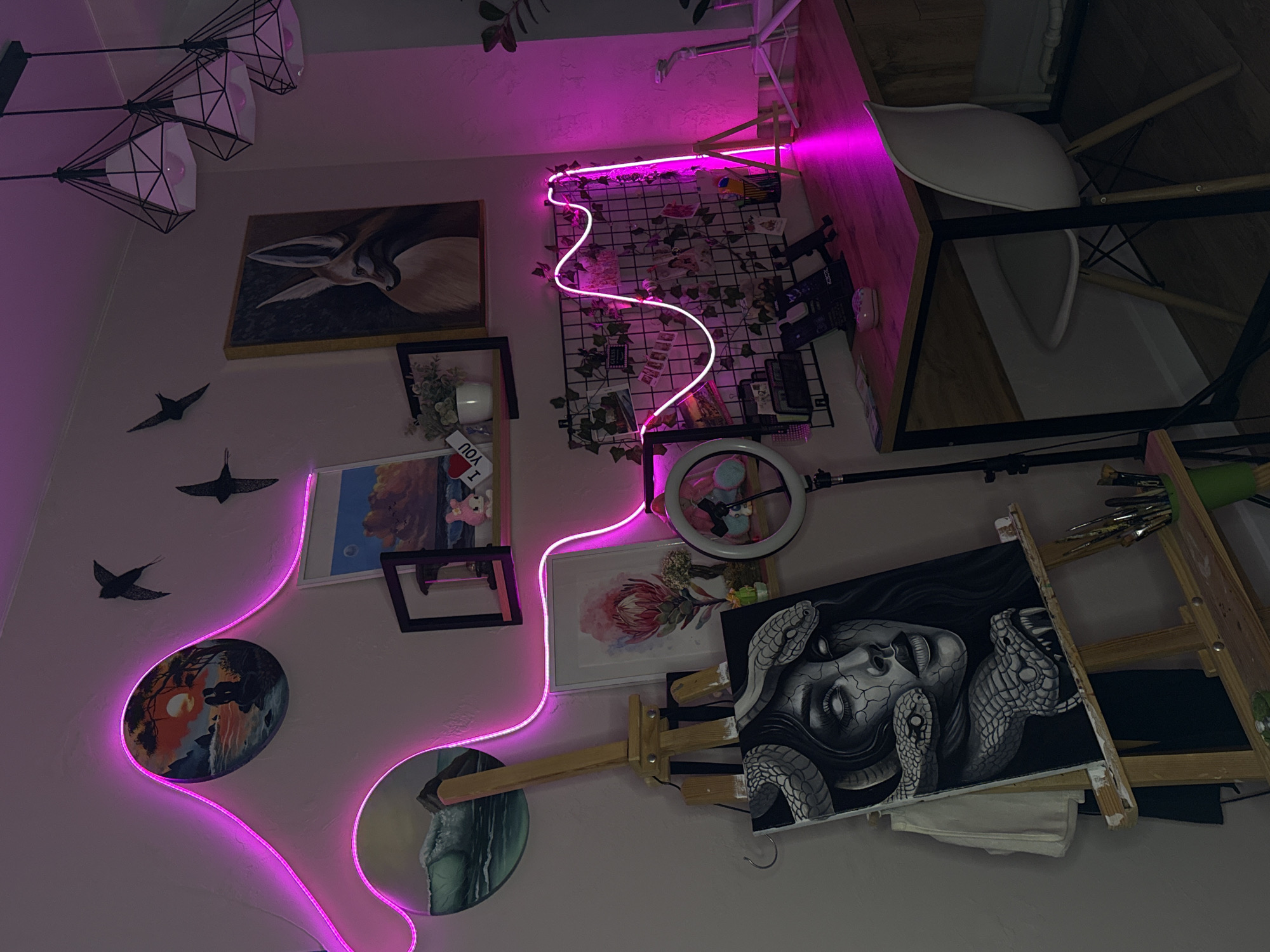 The image shows an interior space with a variety of decorations and objects. The walls are painted a light color, possibly white or light pink.
On the wall, there are several framed artworks including a painting of a fox and what appears to be paintings of landscapes, a protea flower, and other portraits or scenes displayed in an artistic arrangement. There is a black metal grid decorated with plant materials, pictures, and other small objects. A pink neon light is placed along the wall.
A black metal desk with a light-colored chair is visible. An art easel is located in the foreground, holding a canvas with a black and white drawing of a face with snakes, possibly Medusa.
The presence of the easel, artworks, and lighting suggest a personal studio or creative space. Without additional information, Rostov-on-Don, Russia, cannot be confirmed.