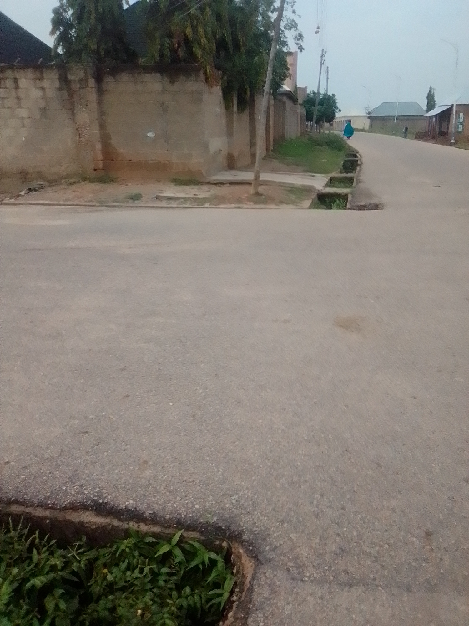 This image depicts a street scene in Gombe, Nigeria, likely in a residential or developing area. The foreground is dominated by a paved road, showing some wear and tear, with a small patch of green vegetation growing along its edge in a drainage channel.
In the mid-ground, the road curves gently to the right, leading towards buildings. A person wearing a blue abaya walks away from the camera on the left side of the road, near a series of concrete drainage inlets. Across the street, a low brick wall partially obscured by trees lines the property. Further down the road, buildings with corrugated metal roofs are visible, one with a dark brown, rectangular structure attached to its facade. Streetlights are present along the road.
The background is a hazy sky, suggesting an overcast day or early morning/late evening light. The overall impression is one of a quiet, possibly early-morning, urban environment.