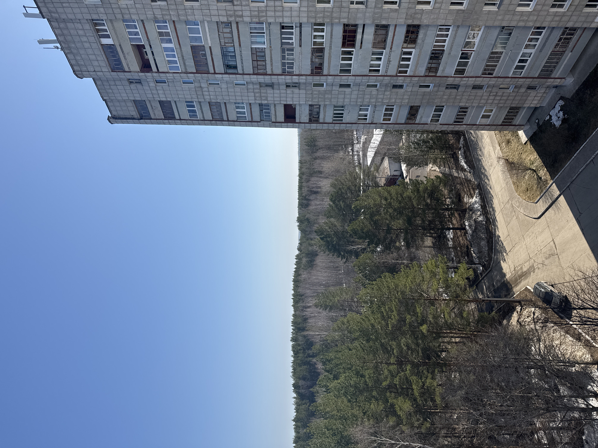 The image shows a view from a high-rise building in what appears to be a residential area in Chaikovsky, Russia. The building itself is a large, Soviet-era apartment block made of prefabricated concrete panels, with rows of windows.
Below, a forest with a mix of evergreen and deciduous trees fills the middle ground, indicating that it may be early spring, as some trees are still bare. There is a small road winding through the trees, and a parking lot with at least one visible car. Patches of snow remain on the ground, suggesting a colder climate. The sky is clear and blue. The overall environment seems to be a mix of urban and natural elements, where the city meets the surrounding forest.