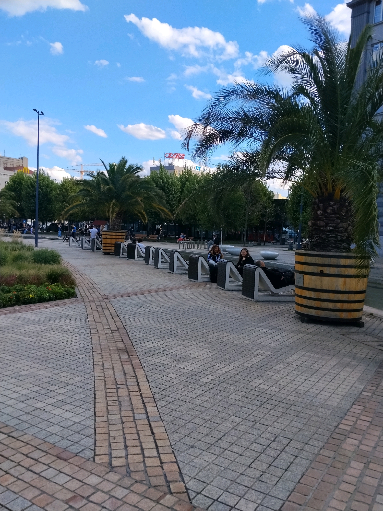 The image shows a public square in Katowice, Poland, with a paved ground made of grey and pink square tiles. In the foreground, a pathway of pink tiles curves to the left. Several modern, grey benches with angled backs are lined up along the right side of the square. Beside the benches, there are planters. One prominent planter, made of wood with black bands, contains a large palm tree. In the background, there are more trees, buildings, and a crane. On the benches, three individuals are visible. Two women are seated on one bench, facing forward, while a person lies down on another bench. Other people and bicycles are visible in the distance, suggesting a public gathering area. The sky is blue with scattered white clouds.