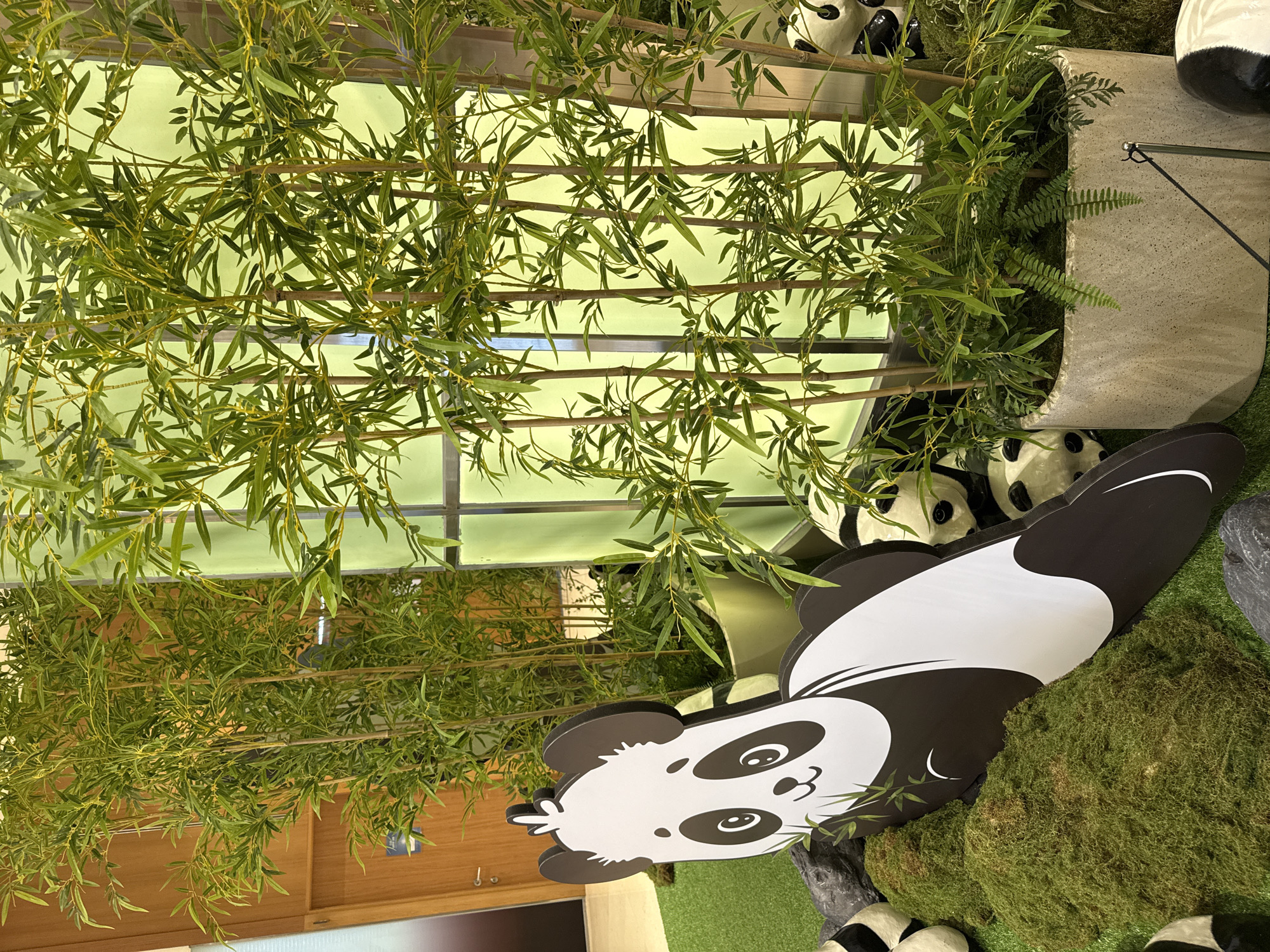 In an indoor setting with artificial bamboo trees and green turf flooring, a life-sized cutout of a panda is positioned on the left side of the frame. The panda cutout is facing left, with its head slightly tilted upwards and its mouth open in a smile. To the right of the panda cutout, a large planter contains bamboo stalks and ferns. Several plush pandas are scattered around the scene, some appearing to be partially hidden by the foliage. In the background, a wooden door with a silver handle is visible on the left, and a light green wall with a grid pattern is on the right. The overall scene suggests a decorative display, possibly in a themed exhibit or retail space.