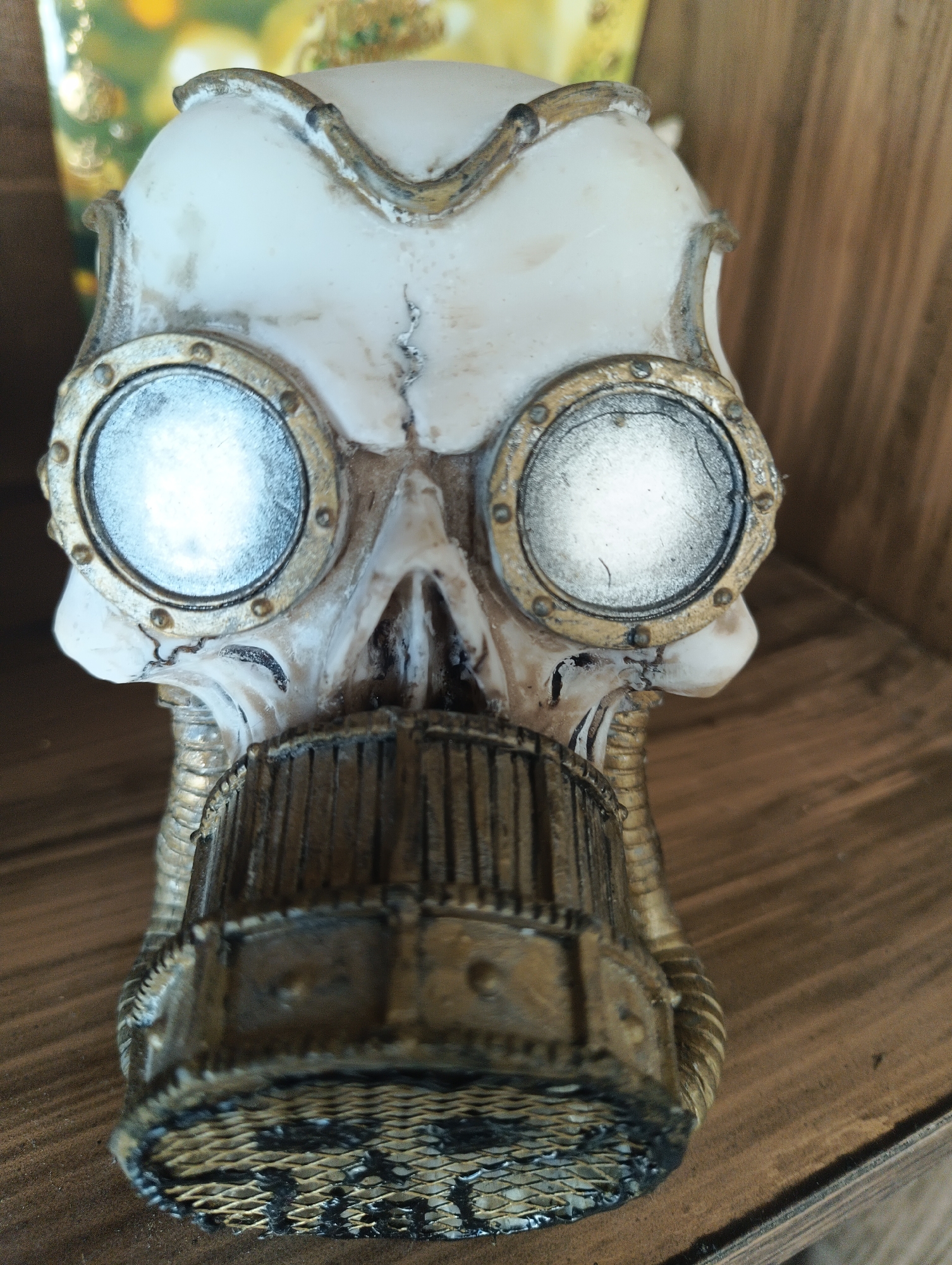 A close-up, eye-level, over-the-shoulder shot captures a decorative skull with a steampunk aesthetic. The skull, primarily white with gold accents, features two large, circular lenses over the eye sockets, resembling goggles. A metallic, ribbed respirator covers the nose and mouth area, extending into a textured, metallic chin piece. The skull rests on a wooden surface, likely a shelf, with a blurred background suggesting additional objects or a wall. The lighting is bright, reflecting off the lenses. The image was taken in the city of Karnobat, Bulgaria.
