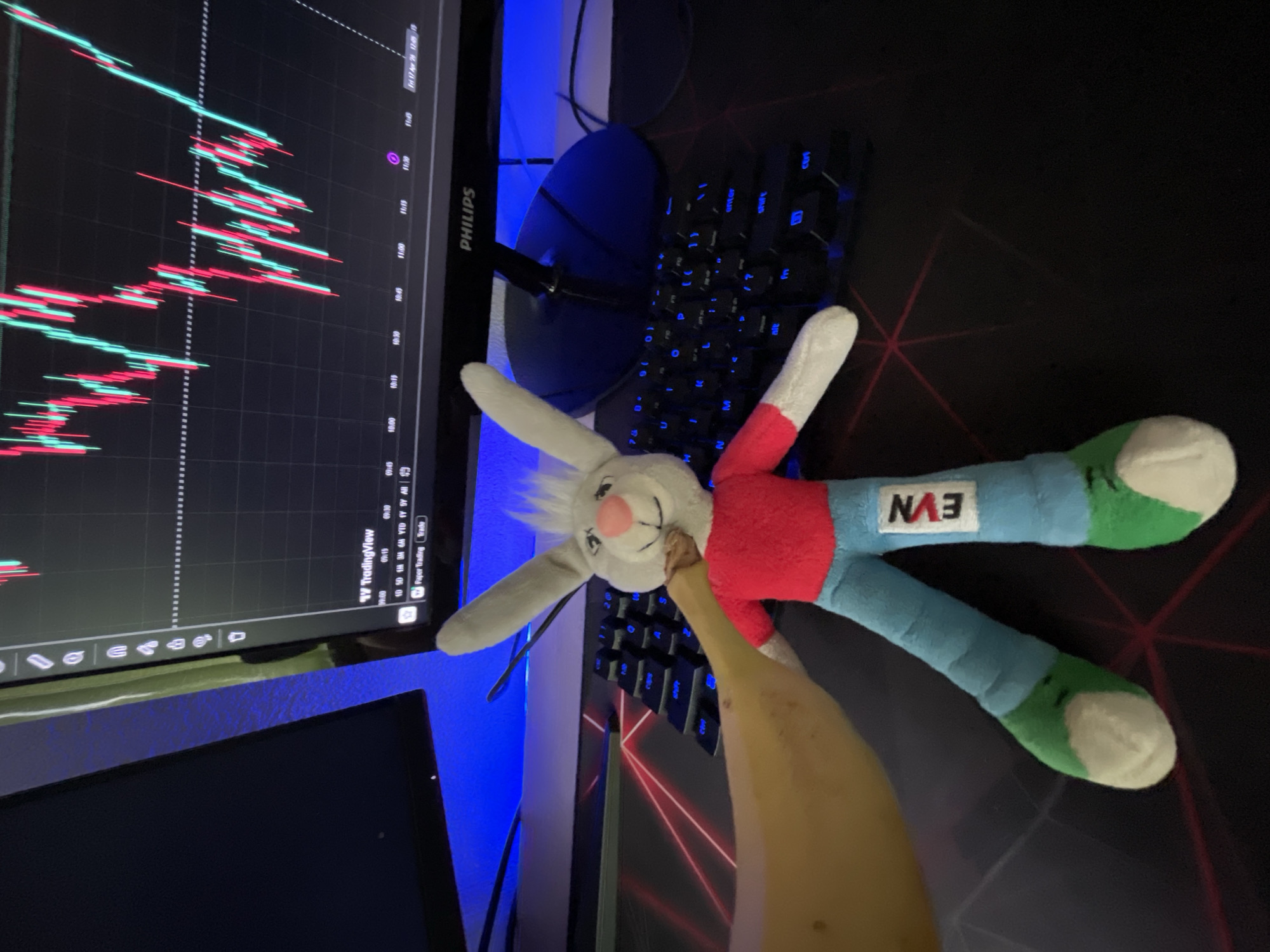 The image displays a computer desk setup, likely in a home or office, with a playful arrangement involving a plush toy and a banana. The scene is dimly lit, with a noticeable blue light emanating from behind the monitor and keyboard backlighting.
The main subject is a white plush bunny with a pink nose and ears, dressed in a red shirt and blue pants with green and white feet. It lies on its back on a dark mousepad, its head tilted towards a ripe yellow banana positioned as if the bunny is "eating" it. The bunny has a content or smiling expression. On its blue pants, the word "EVN" is visible, printed upside down.
In the background, a black PHILIPS computer monitor displays a financial candlestick chart with red and cyan lines on a dark background. The screen shows "TradingView" and a timestamp of "Fri 17 Apr 20 12:05," indicating the time of day is just past noon. Other text visible on the monitor includes "Paper Trading" and various time and date interval options. Behind the monitor, a black keyboard with blue backlighting is visible. The mousepad features subtle red geometric patterns. The setting suggests a modern desk environment, possibly in Zlatograd, Bulgaria, based on the provided context.