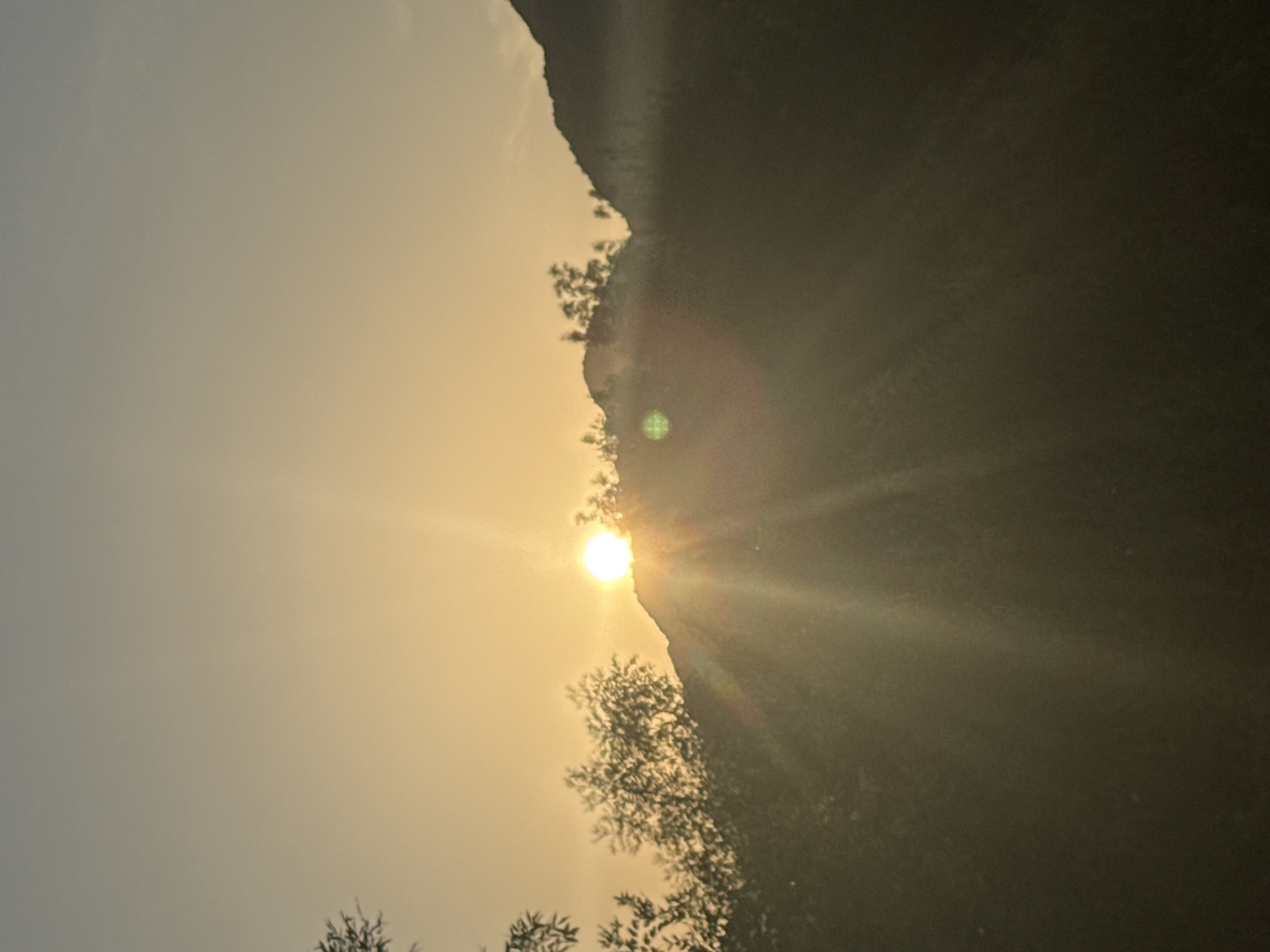 The image depicts a sunset over a mountainous landscape, likely near the city of Virpazar, Montenegro. The sun is a bright orb just above the crest of a hill, casting golden rays across the sky and onto the surrounding vegetation. Silhouettes of trees and a mountain range are visible against the gradient of the sky, which transitions from a pale yellow near the horizon to a muted gray at the top. The foreground is dominated by dark, shadowed foliage. A lens flare, appearing as a green circular distortion, is present in the lower left portion of the image. The overall impression is one of natural beauty and tranquility during the golden hour.