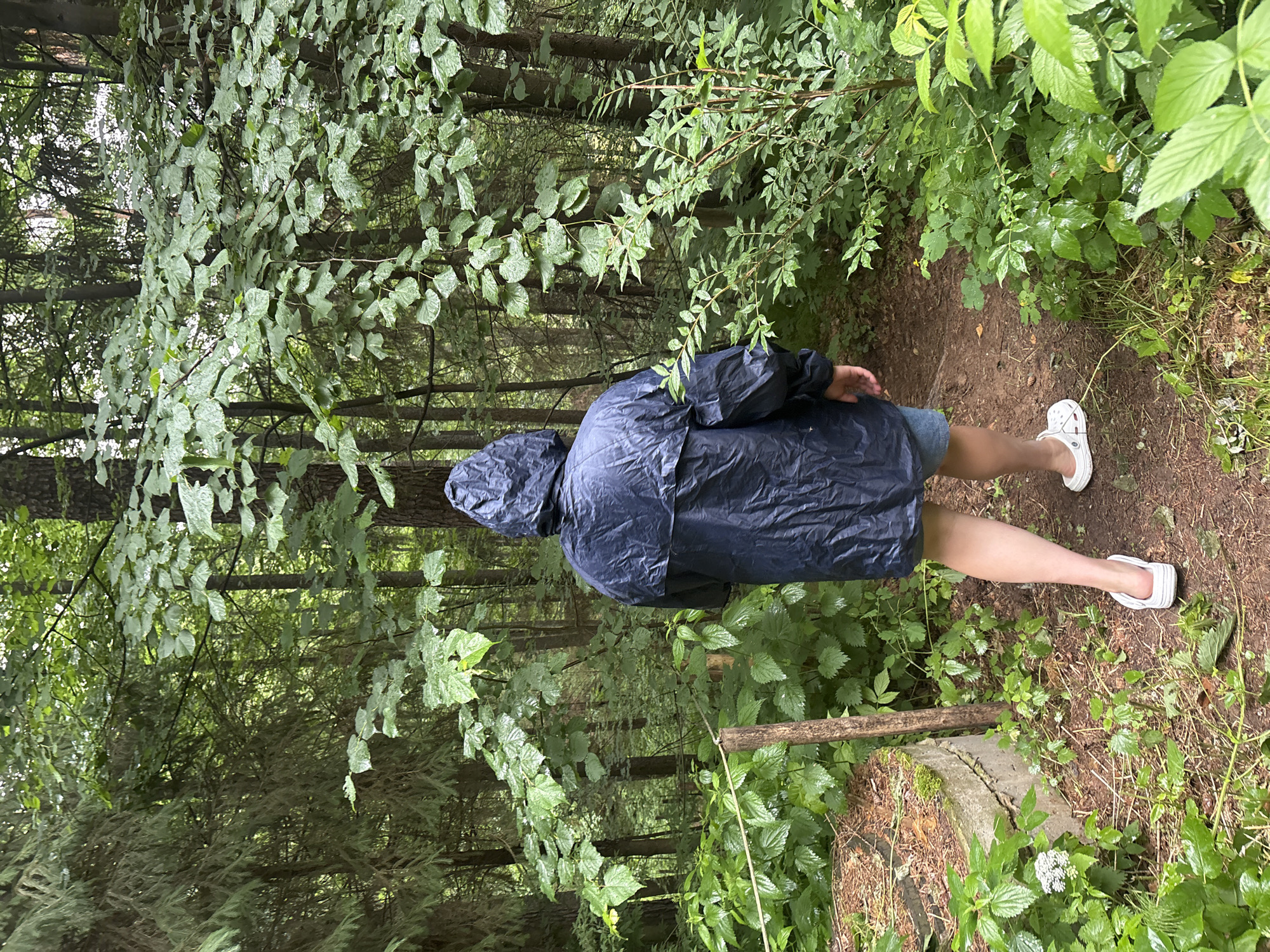 A person wearing a dark blue hooded rain jacket and white slip-on shoes walks on a dirt path in a forest. The path is lined with lush green foliage, including trees and undergrowth. Water droplets are visible on the leaves, indicating recent rain or dew. The environment is densely wooded with tall trees. There is a wooden post with a rope attached to it on the left side of the path. The scene appears to be a natural setting, possibly a park or hiking trail. No specific landmarks or buildings are visible that would indicate the location within the city of Kostovaty, Russia.