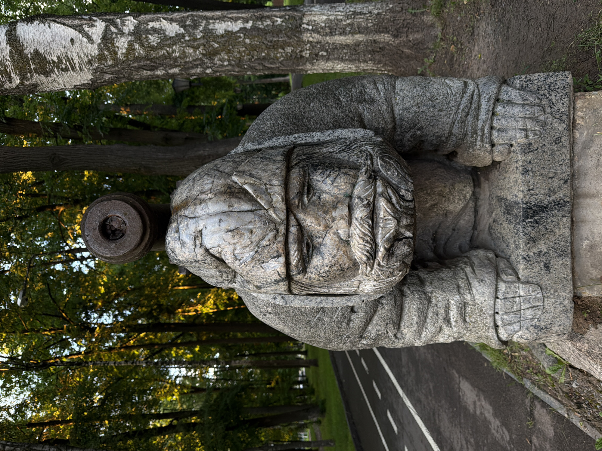 This is a medium shot, eye-level, full-body photograph of a stone sculpture resembling a squatting, armored warrior with a cannon barrel positioned on its head. The sculpture is situated outdoors, in what appears to be a park or a public space in Solnechnogorsk, Russia, likely near a paved road with white lane markings. The sculpture is made of rough, grey stone, showing signs of weathering and texture that mimics armor plating and facial features. The figure has a helmet-like headpiece, a stern facial expression with a mustache and beard, and appears to be hunched forward with its arms resting on a stone base.
The background features a dense stand of trees with lush green foliage, illuminated by the warm light of what seems to be late afternoon or early morning sun, creating a dappled effect. A tall, thin birch tree with distinctive white and black bark stands to the right of the sculpture. A lamppost is visible further back in the trees on the right, and a street or pathway runs along the left side of the frame, bordered by grass and soil. The overall impression is one of a whimsical or historical public art installation within a naturalistic setting.