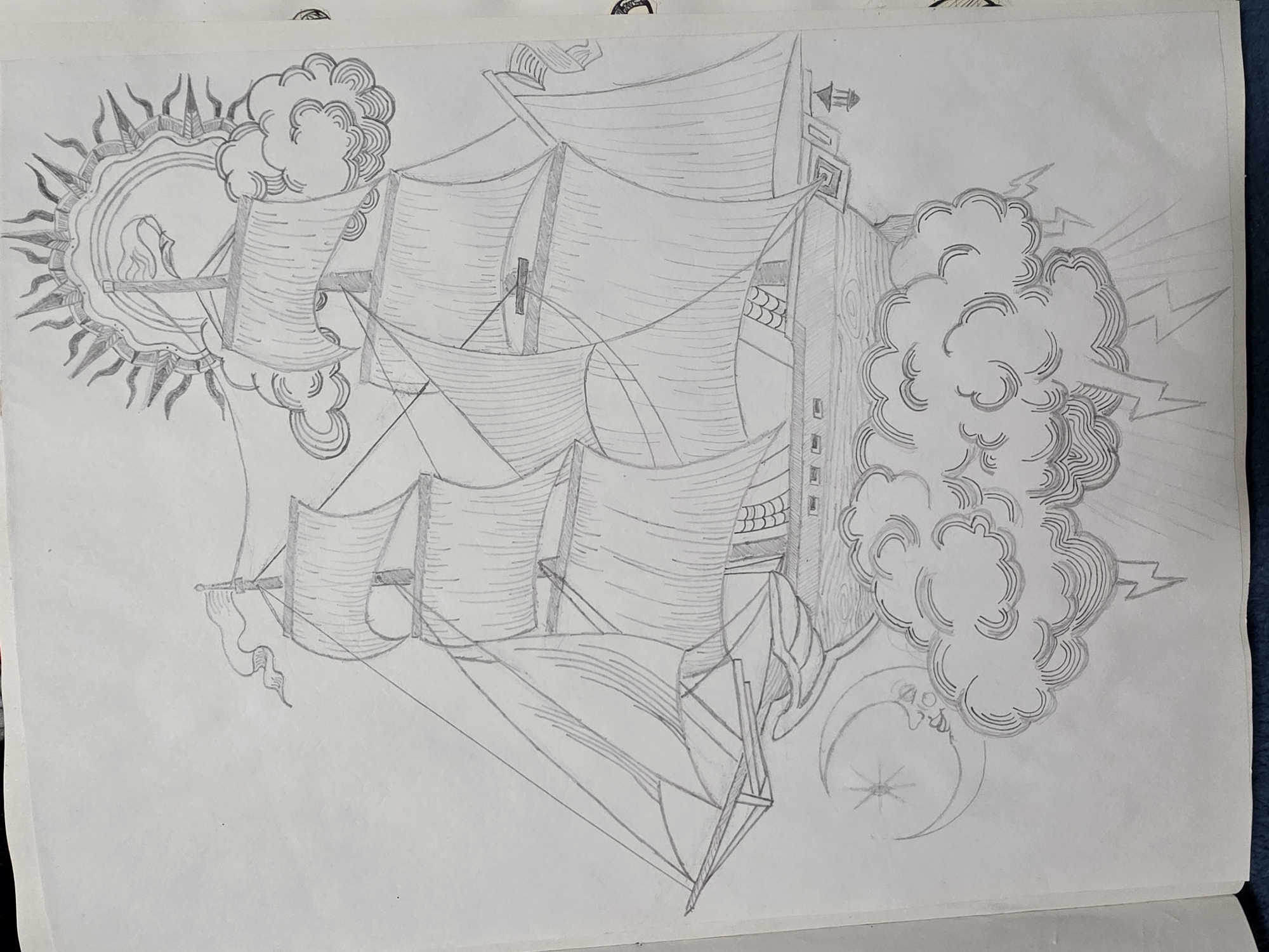 The image is a detailed pencil drawing of a sailing ship caught in a storm. On the left side of the ship, a sun-like object with radiating lines surrounds a figure with long hair. Next to the sun, a large cloud formation is present. On the right side of the ship, another cloud formation is depicted along with lightning bolts and a crescent moon with a face. The ship is positioned between these celestial and meteorological elements.