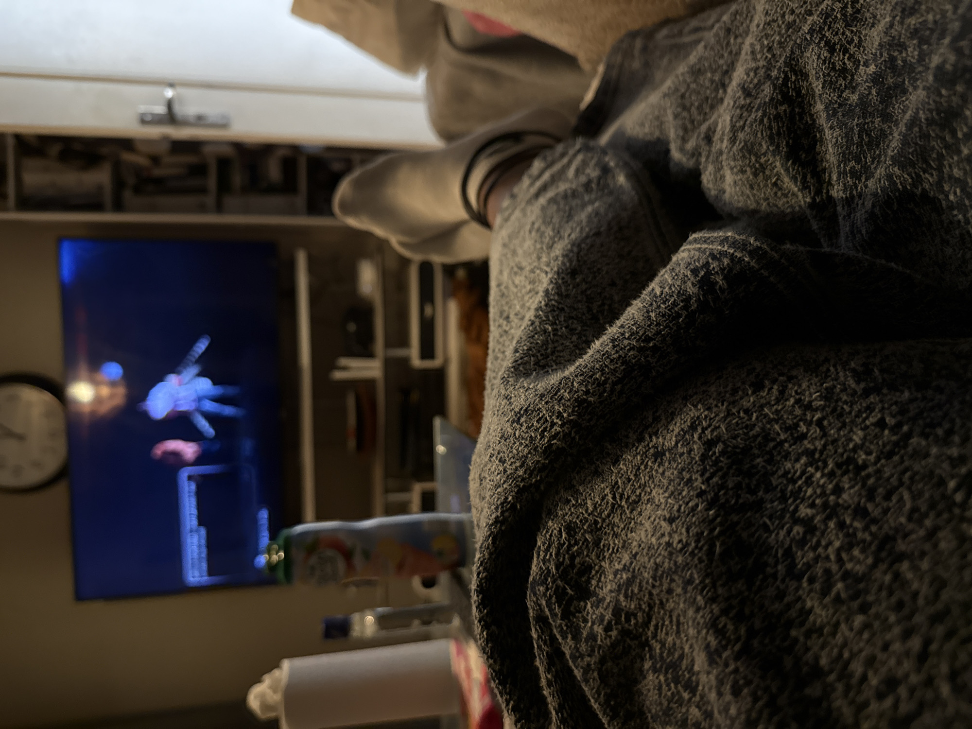 The image shows a person, likely indoors, covered with a grey, textured blanket or garment. In the background, a television displays a blurred image that appears to depict a video game or animation. A clock is visible on the wall near the television. A shelf and some additional objects are also noticeable. The setting does not provide information confirming that the location is in Sarcelles, France. No further information relating to location is present in the provided visual data.