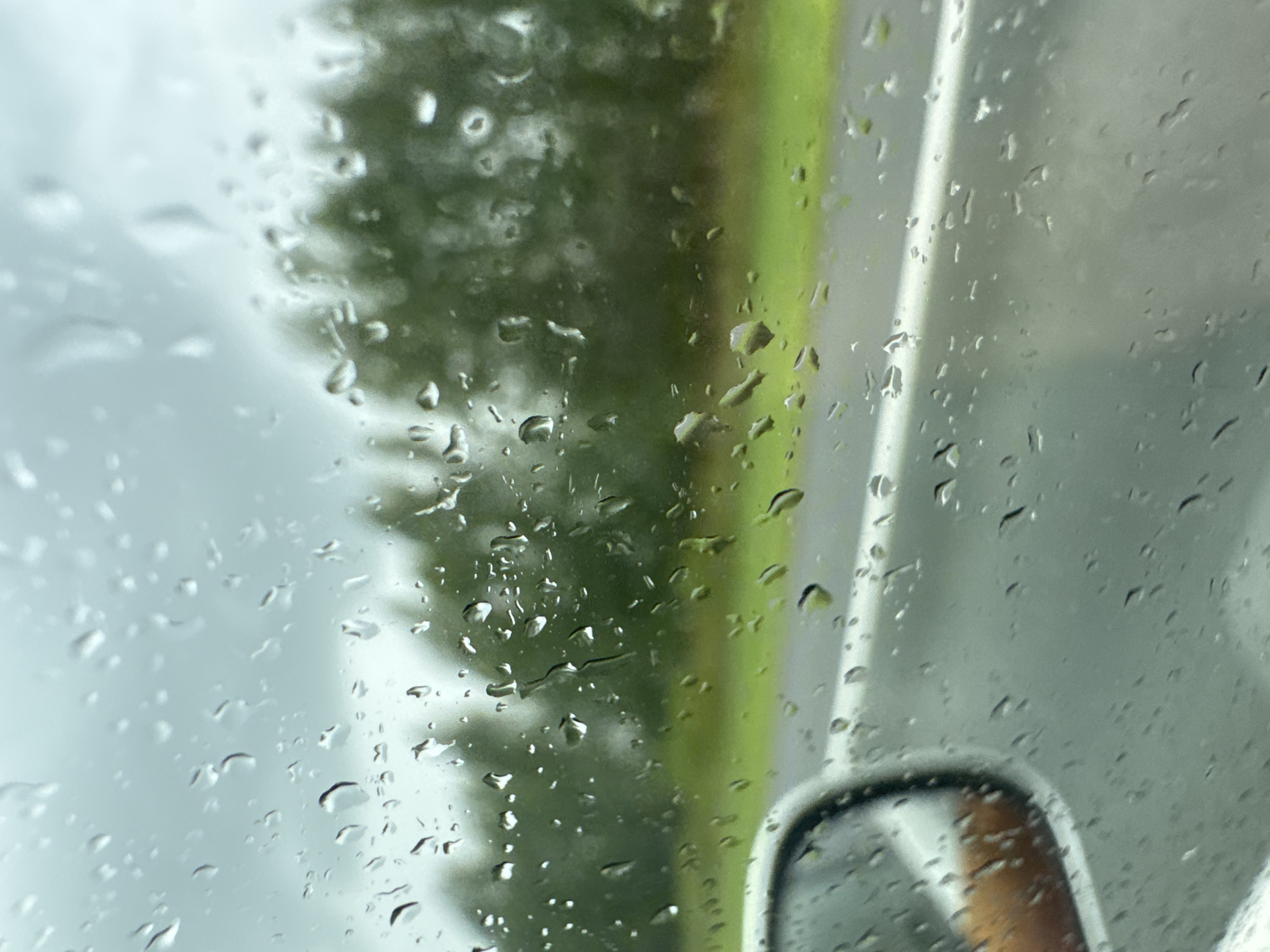 The image depicts a view from inside a vehicle during a rainstorm. Raindrops are visible on the window, distorting the view of the outside. A side mirror is partially visible on the left, reflecting a person's arm and hand. The background shows a blurred landscape of trees and a road, suggesting the vehicle is in motion. The sky is overcast, consistent with rainy weather. The overall scene evokes a sense of being on a journey through a wet and somewhat gloomy environment.