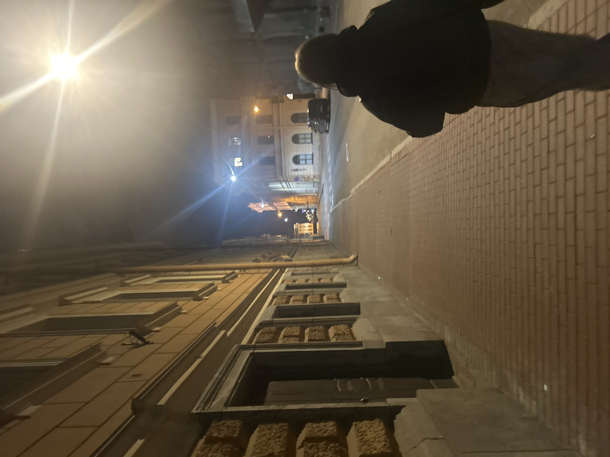 This night-time image, captured in what is identified as Saint Petersburg, Russia, depicts a person walking down a city street. The perspective is from slightly behind and to the left of the individual, who is seen in the foreground, wearing a dark jacket or hoodie and lighter-colored pants, moving away from the viewer.
The street scene is illuminated by artificial light sources. A dominant, extremely bright light source, likely a powerful streetlight, is positioned on the far left, casting a strong star-like flare across the upper-left quadrant of the frame. To the left of the walking person is a paved street, where a dark vehicle, possibly a car, is visible further down. Buildings line both sides of the thoroughfare. On the left, across the street, a multi-story building with a light-colored facade is prominent, featuring numerous windows, some of which are lit from within, and detailed architectural elements like visible cornices and decorative stone blocks. Further into the distance, other buildings with arched windows and additional streetlights are discernible.
To the immediate right of the walking figure, a tall building wall with distinct brickwork extends along the sidewalk. The pavement itself is made of rectangular brick pavers. The atmosphere is that of a quiet, cool evening in an old European city, characterized by the interplay of deep shadows and bright artificial lights. No visible text is present in the image.