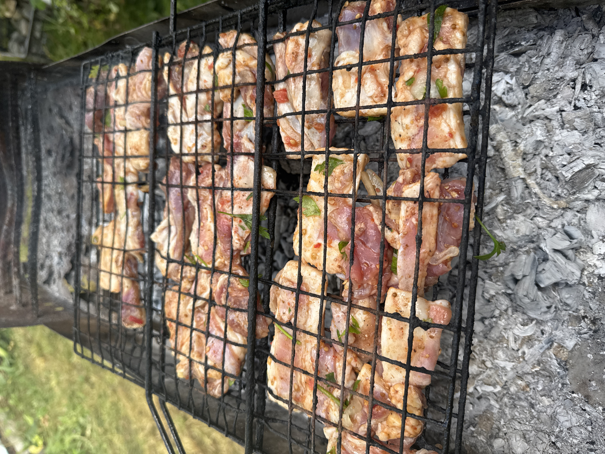 In an outdoor setting, likely a backyard in Koklaisay, Kazakhstan, several racks of raw meat are being grilled over hot coals. The meat, which appears to be pork or lamb, is cut into uniform pieces and arranged on a black metal grill. Some pieces have visible marination with herbs and spices. The grill is positioned over a bed of grey ash and embers, indicating an active barbecue. In the background, out-of-focus green grass and foliage suggest a natural or garden environment. There are no people or animals visible in the image.