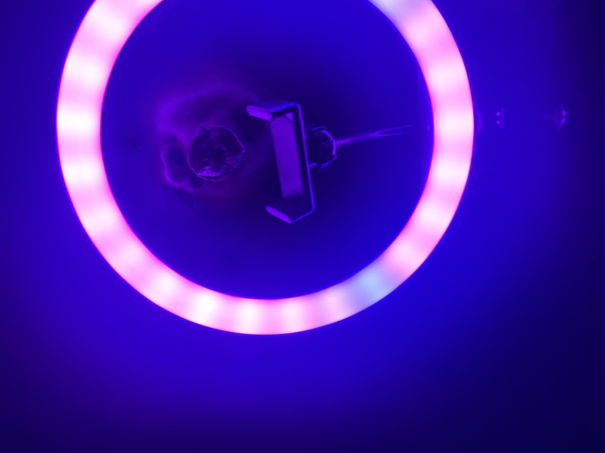 The image presents an overhead or slightly angled view of a circular light source, commonly identified as a ring light, set against a deeply saturated blue-purple background. The ring light itself glows with a bright, luminous pink and white light, creating a strong visual focal point and illuminating its immediate surroundings with a vibrant hue.
Centrally positioned within the opening of the ring light is a dark-colored smartphone holder or mount, designed to securely hold a mobile device. To the left of this holder, another smaller, dark, circular object with a textured or intricate surface is visible, possibly a microphone or a small camera lens, suggesting a setup for recording audio or video.
The background is uniformly dark blue-purple, indicating an indoor environment, likely a studio or a room where the artificial light source is the primary illumination. There are no people present, nor are there any discernible activities taking place beyond the implied readiness for media creation. The overall aesthetic is modern and technological, emphasizing the vibrant glow of the light against the deep, dark backdrop. No visible text is present in the image. The image offers no explicit cues to indicate the stated location of Maigizo, Nigeria.