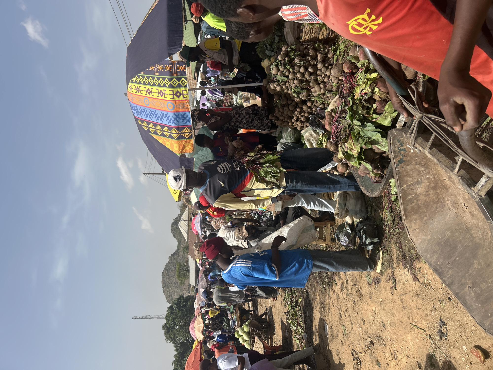 The image depicts a bustling outdoor market scene in Bukuru, Nigeria. Multiple vendors and customers are present, with various individuals engaged in transactions. People are standing and interacting around stalls displaying produce, including beets and other vegetables. Colorful umbrellas provide shade from the sun. The ground is a mix of dirt and vegetation. In the background, a hill and a communications tower are visible. The sky is partly cloudy. A wheelbarrow is also noticeable, seemingly being used for transport.